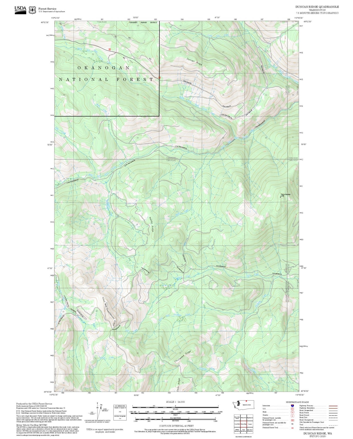 2025 Forest Service Topo Map of Duncan Ridge Washington