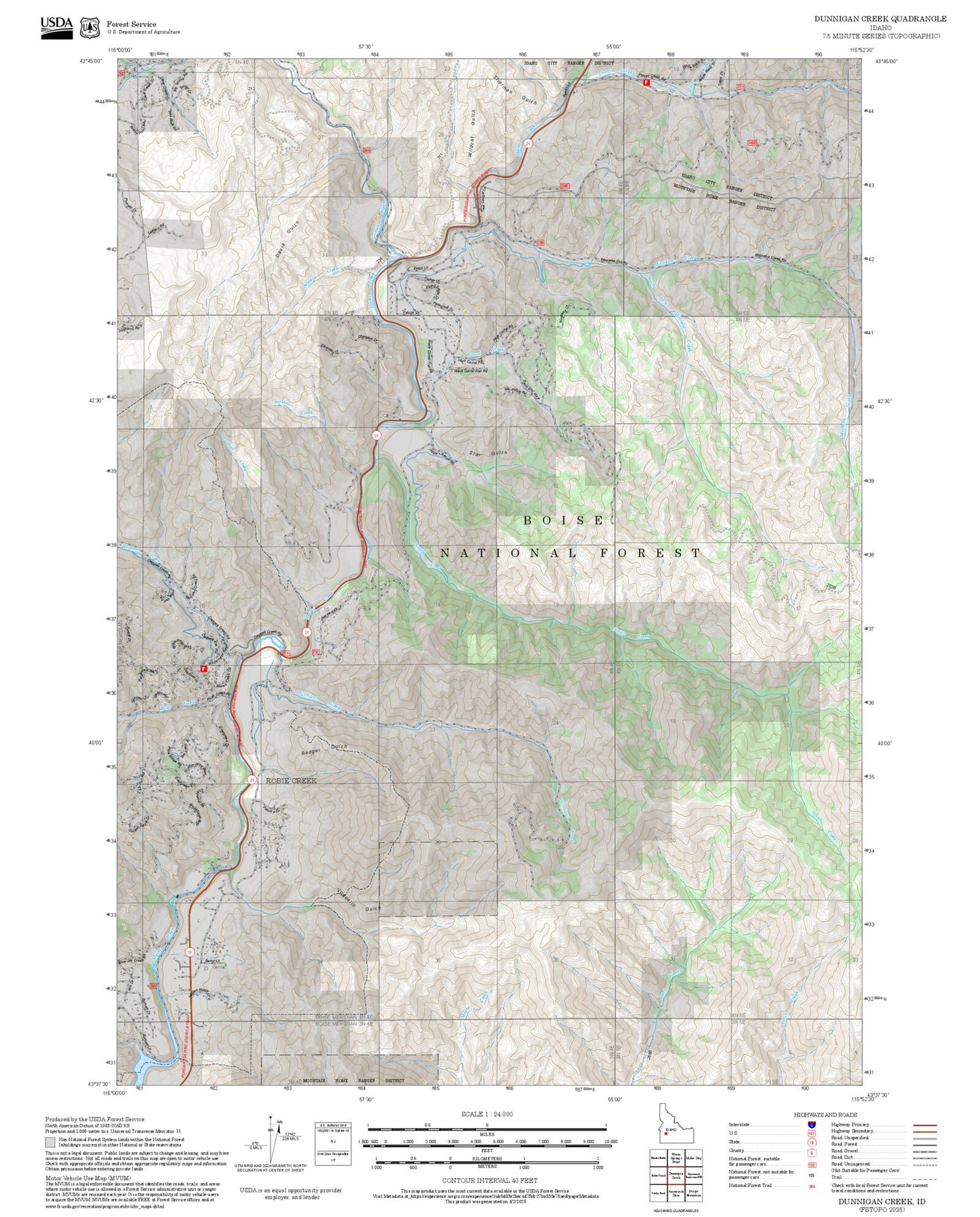 2025 Forest Service Topo Map of Dunnigan Creek Idaho