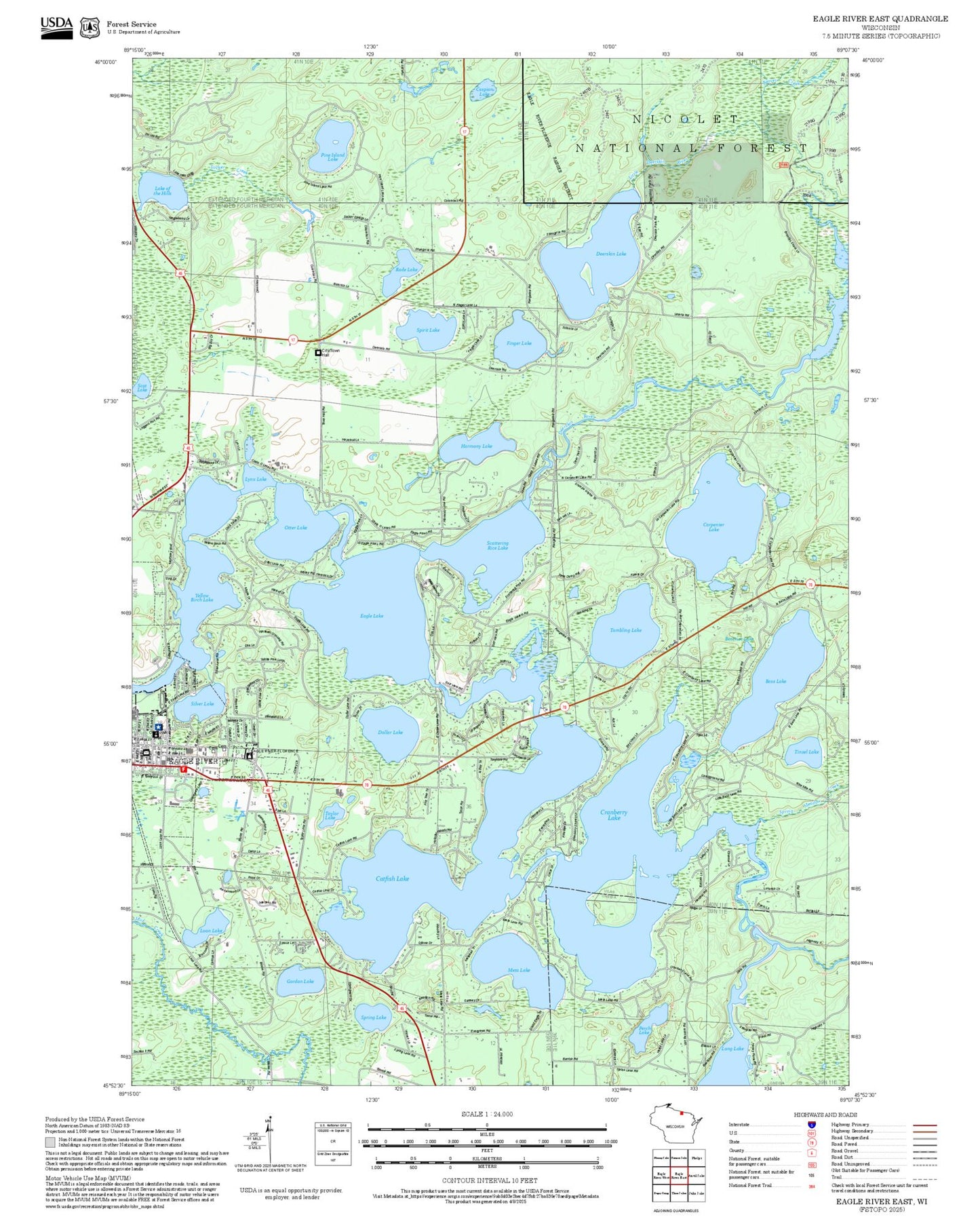 2025 Forest Service Topo Map of Eagle River East Wisconsin