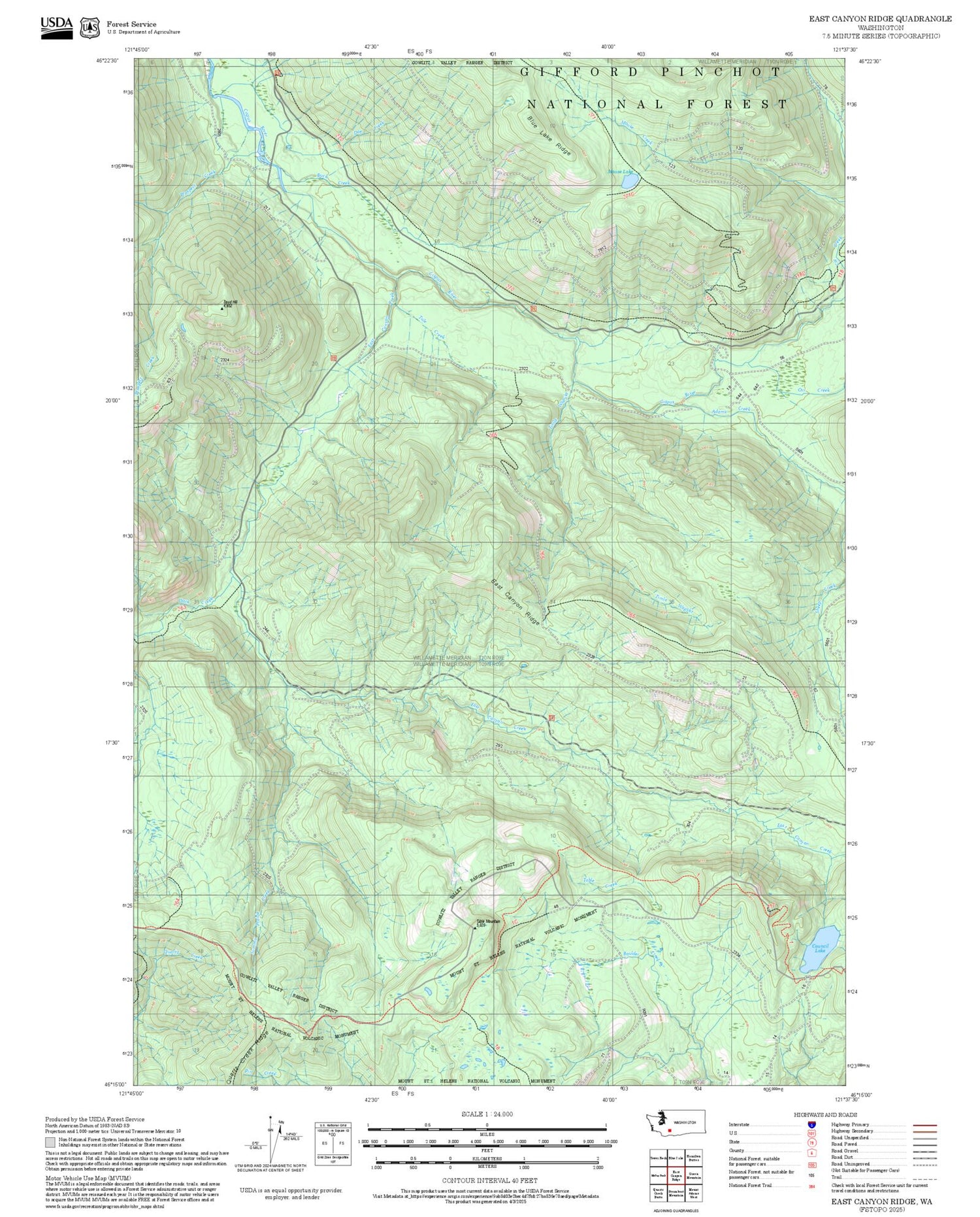 2025 Forest Service Topo Map of East Canyon Ridge Washington