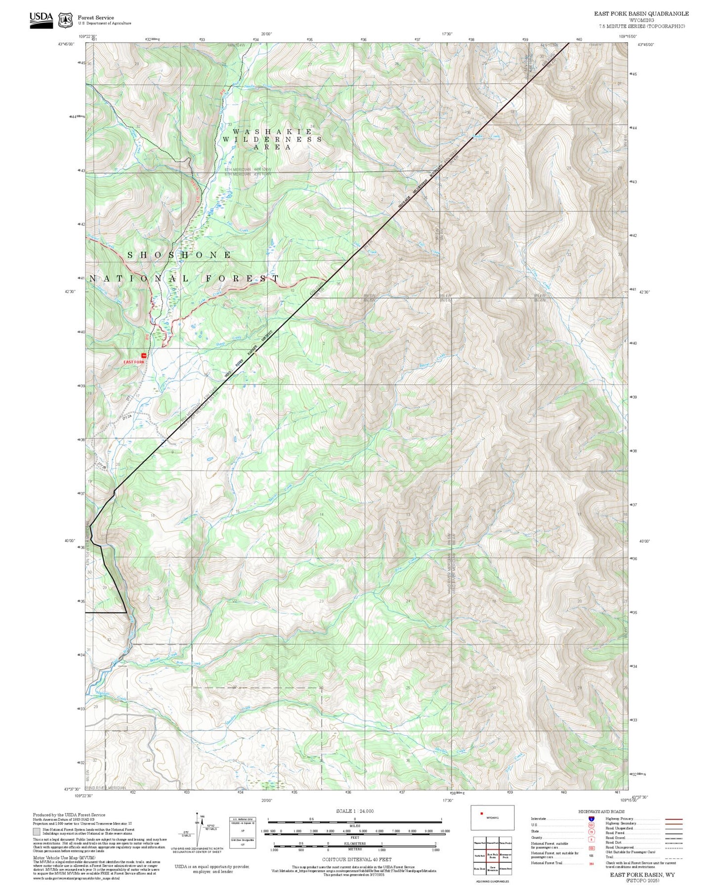 2025 Forest Service Topo Map of East Fork Basin Wyoming