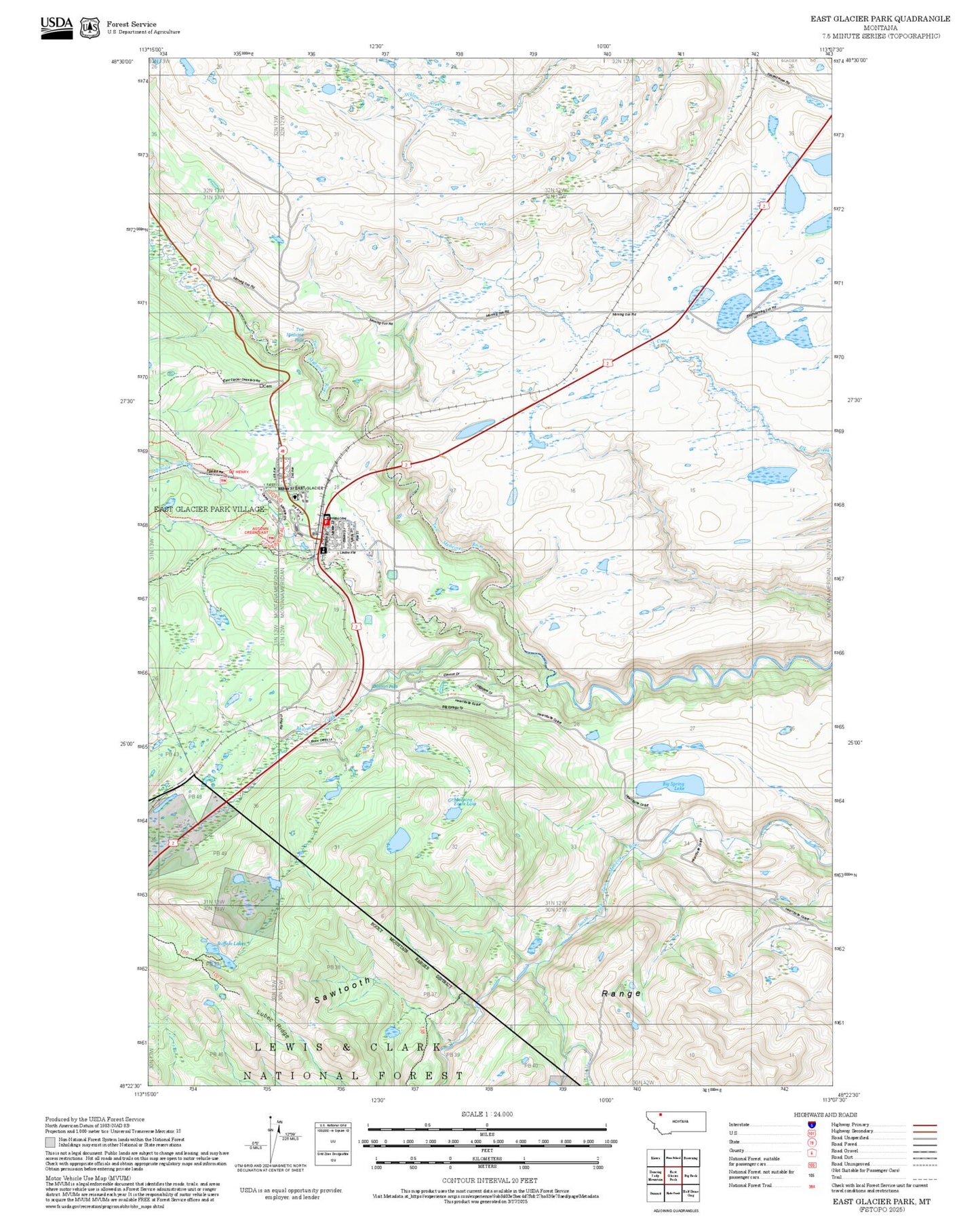 2025 Forest Service Topo Map of East Glacier Park Montana