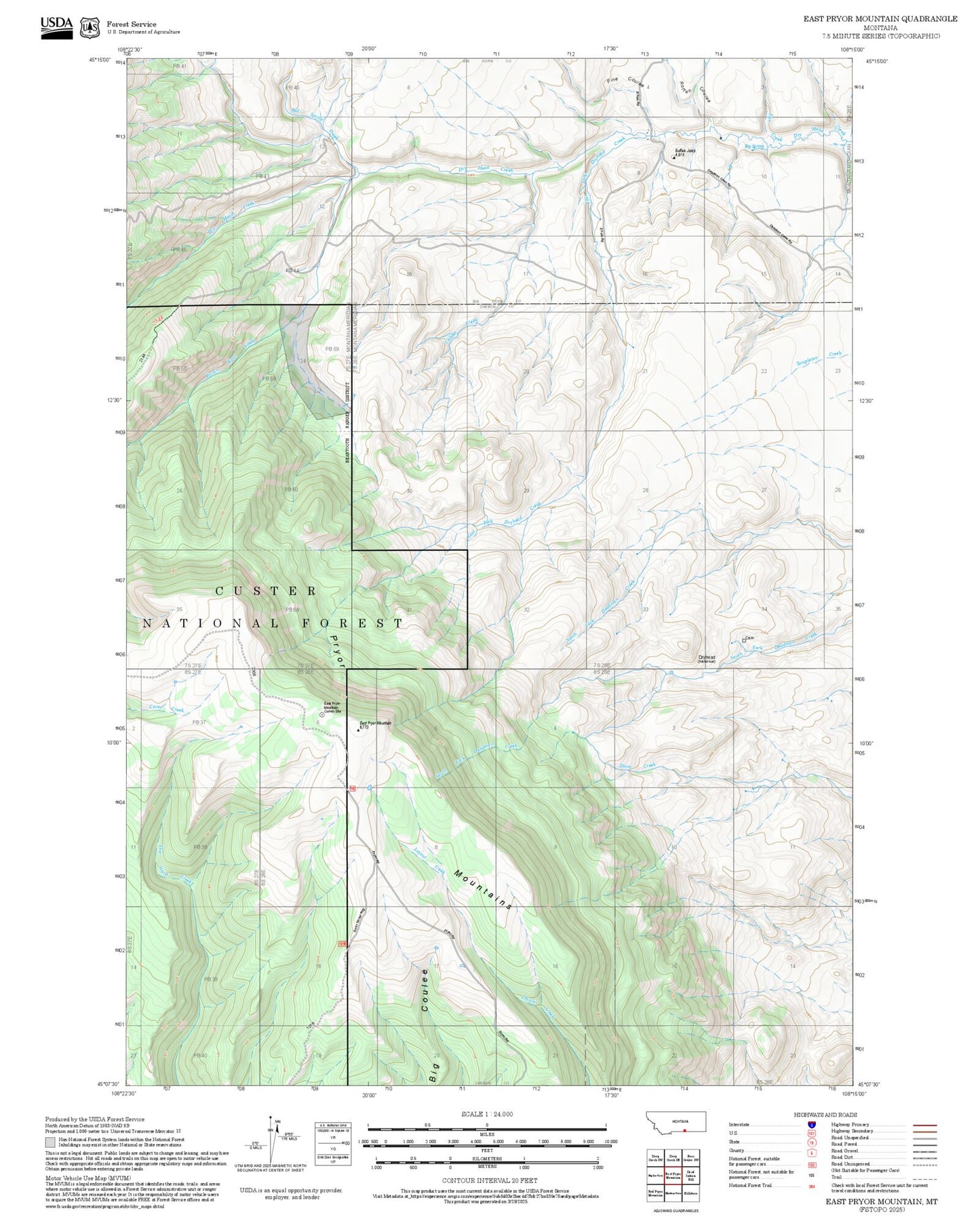 2025 Forest Service Topo Map of East Pryor Mountain Montana