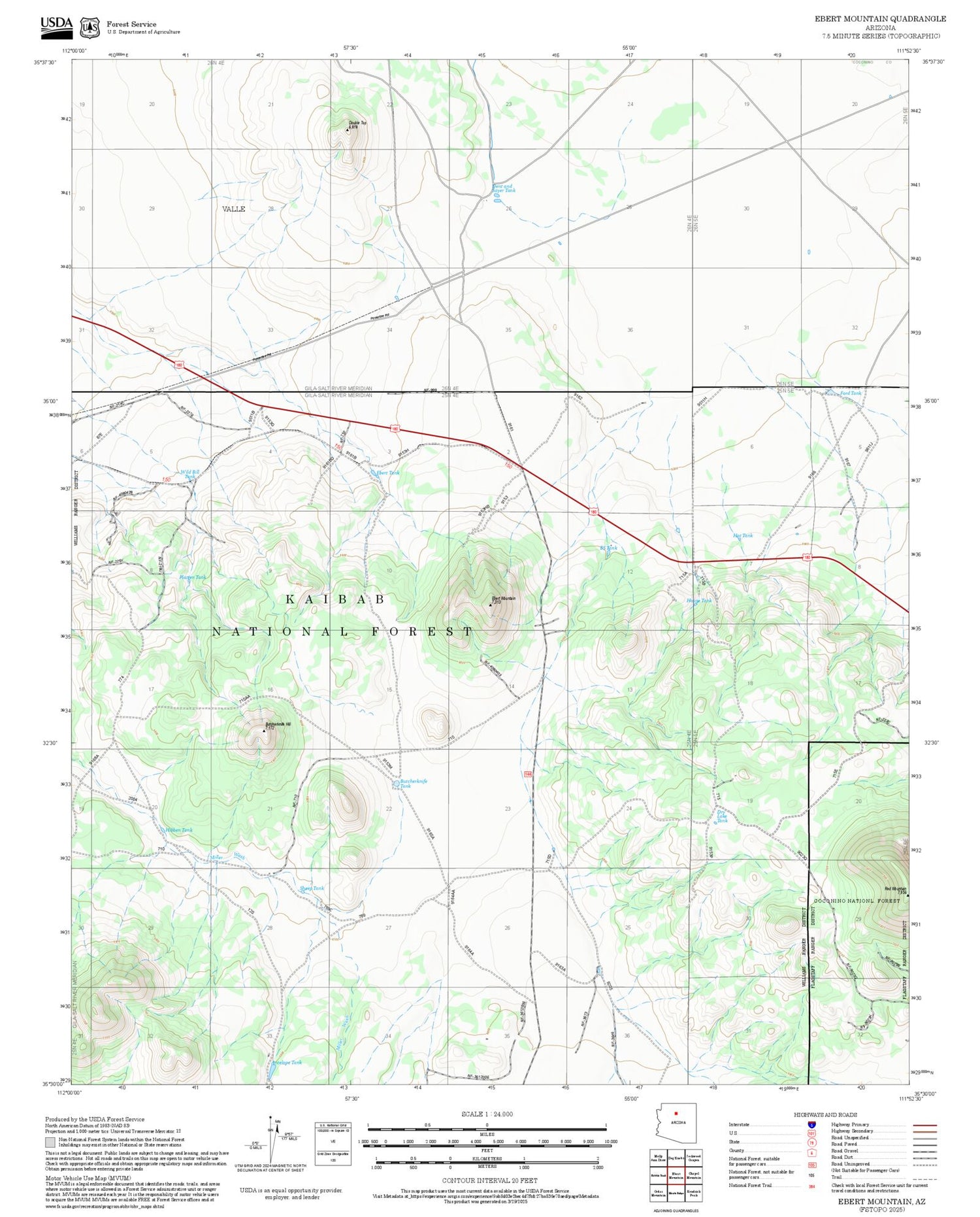 2025 Forest Service Topo Map of Ebert Mountain Arizona