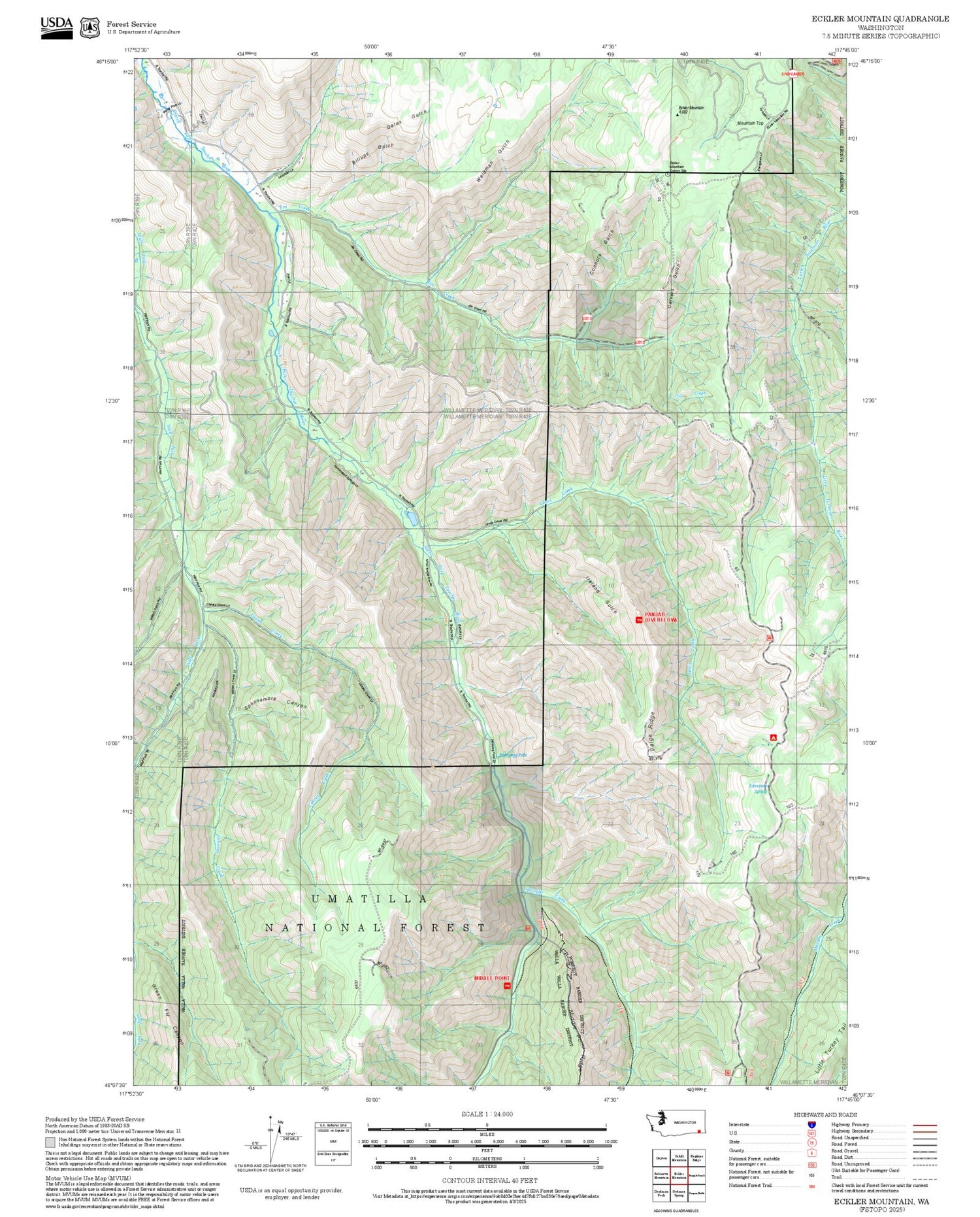 2025 Forest Service Topo Map of Eckler Mountain Washington