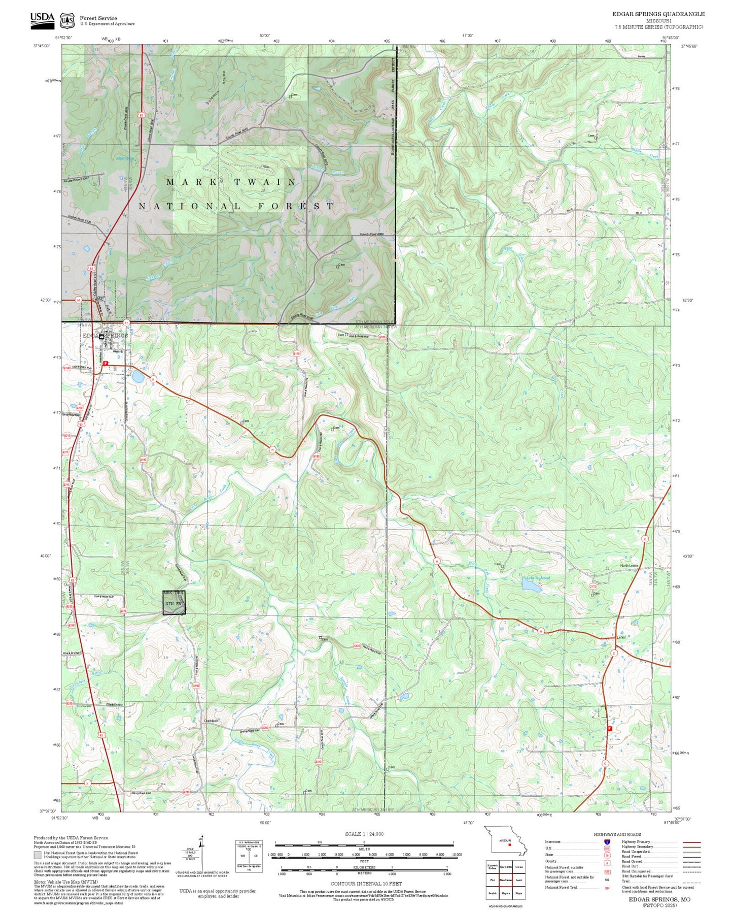 2025 Forest Service Topo Map of Edgar Springs Missouri