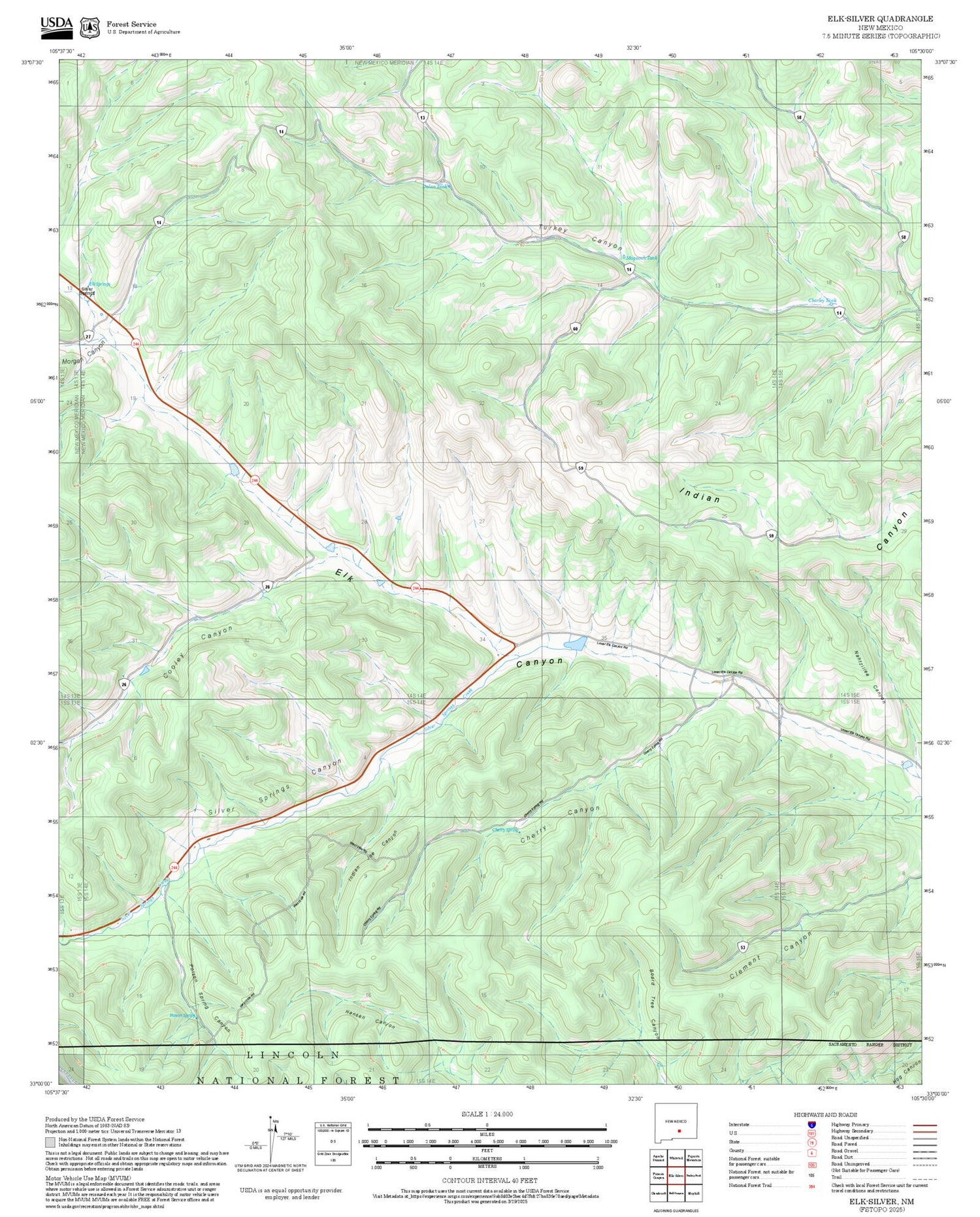 2025 Forest Service Topo Map of Elk-Silver New Mexico