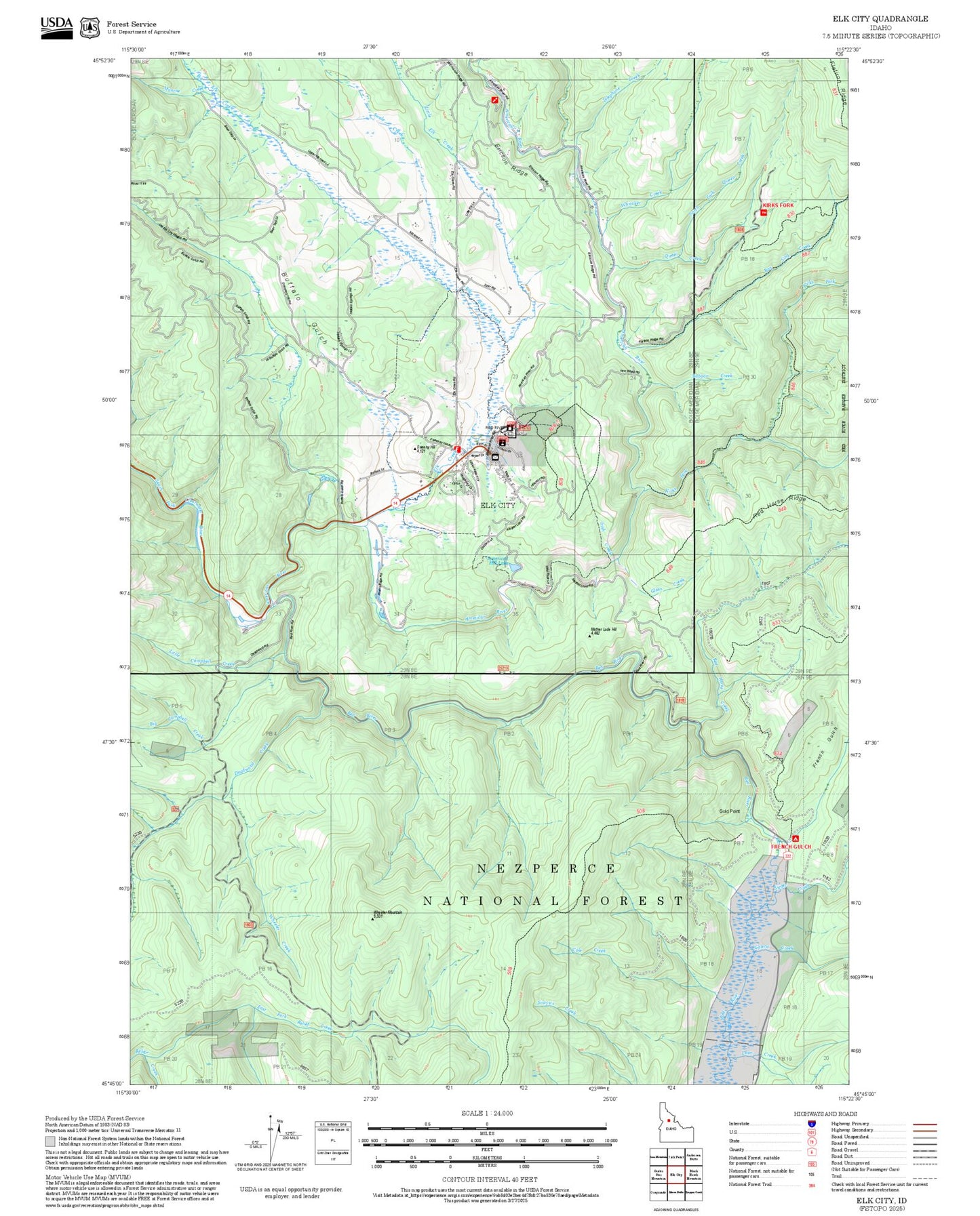 2025 Forest Service Topo Map of Elk City Idaho