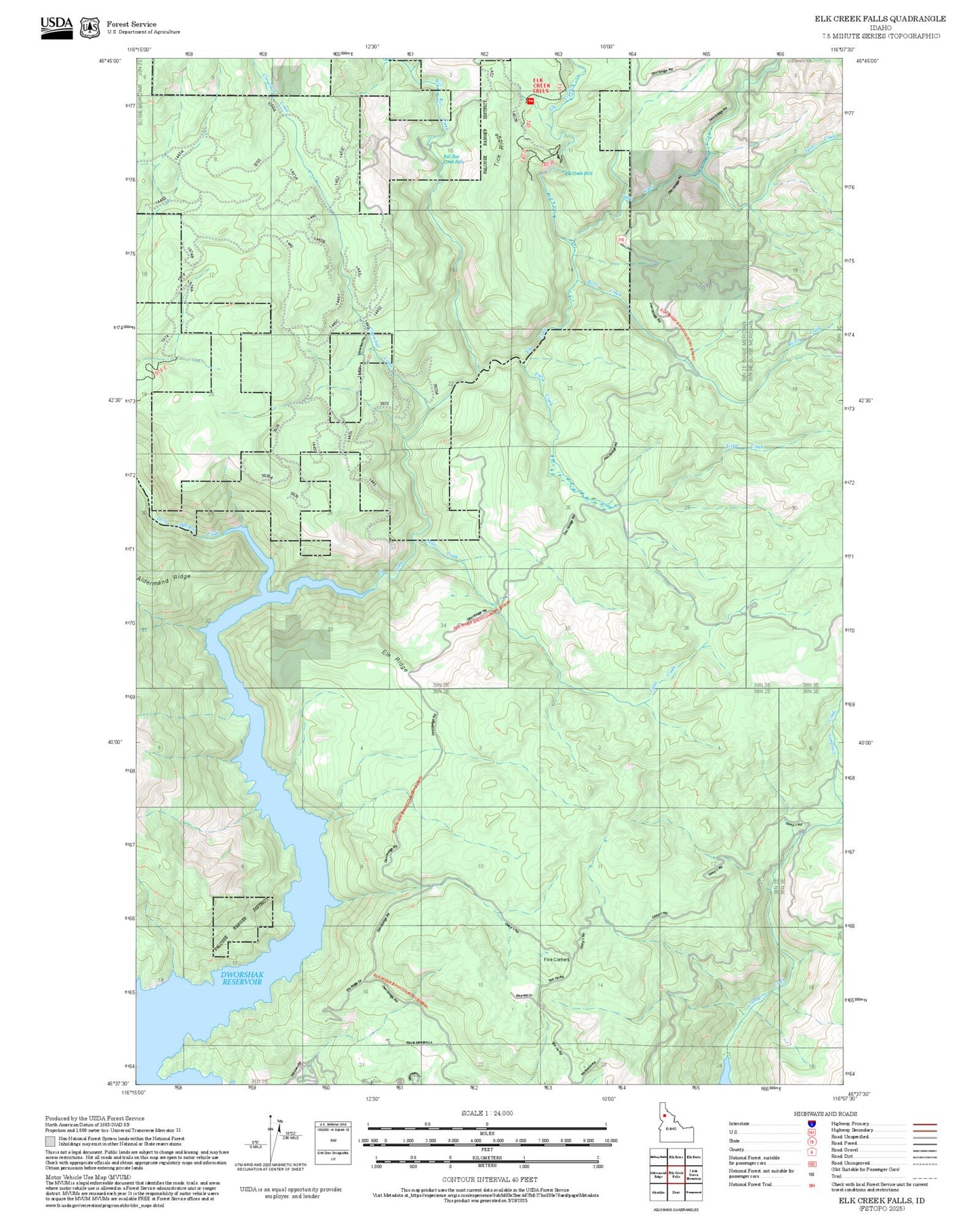 2025 Forest Service Topo Map of Elk Creek Falls Idaho