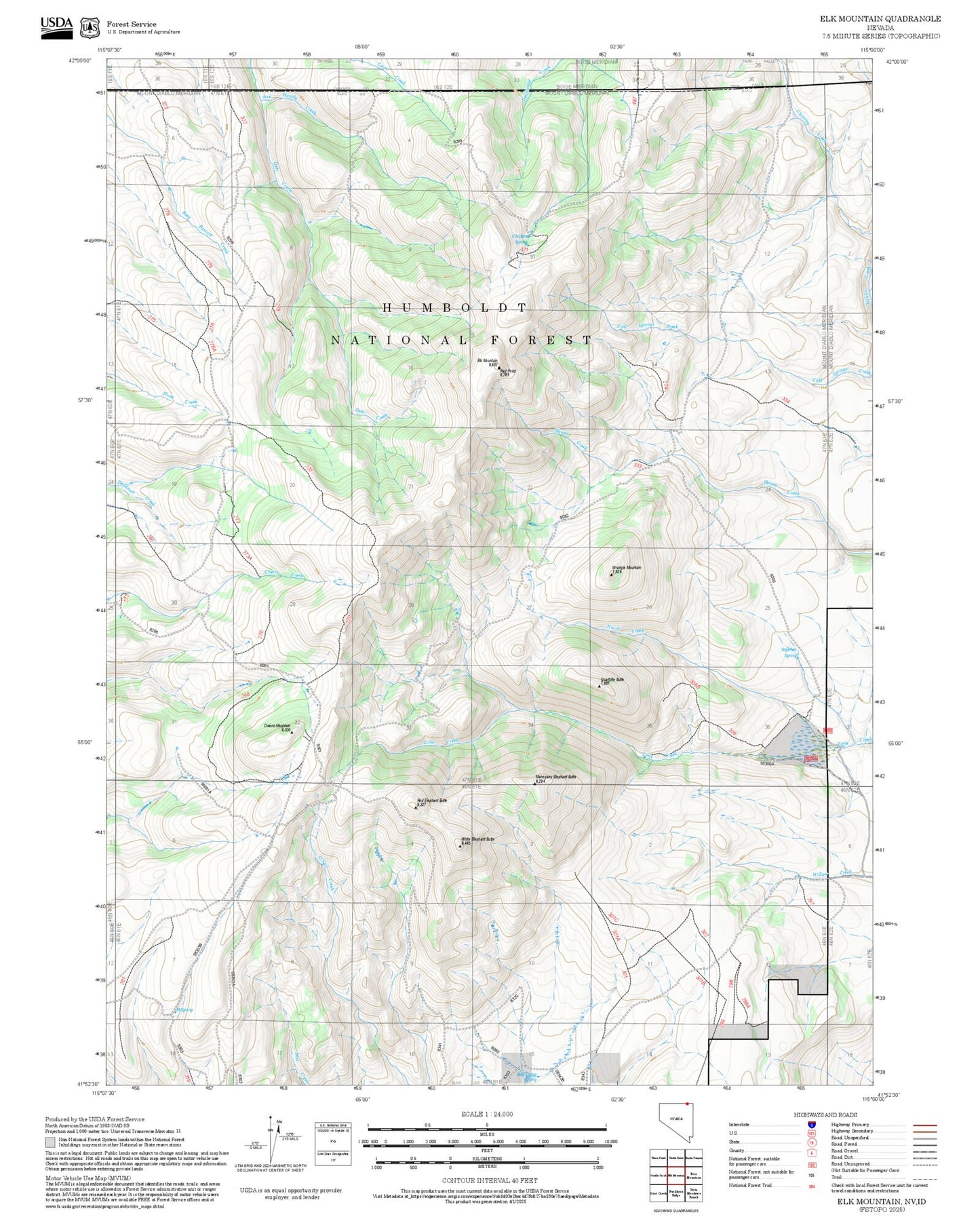 2025 Forest Service Topo Map of Elk Mountain Nevada