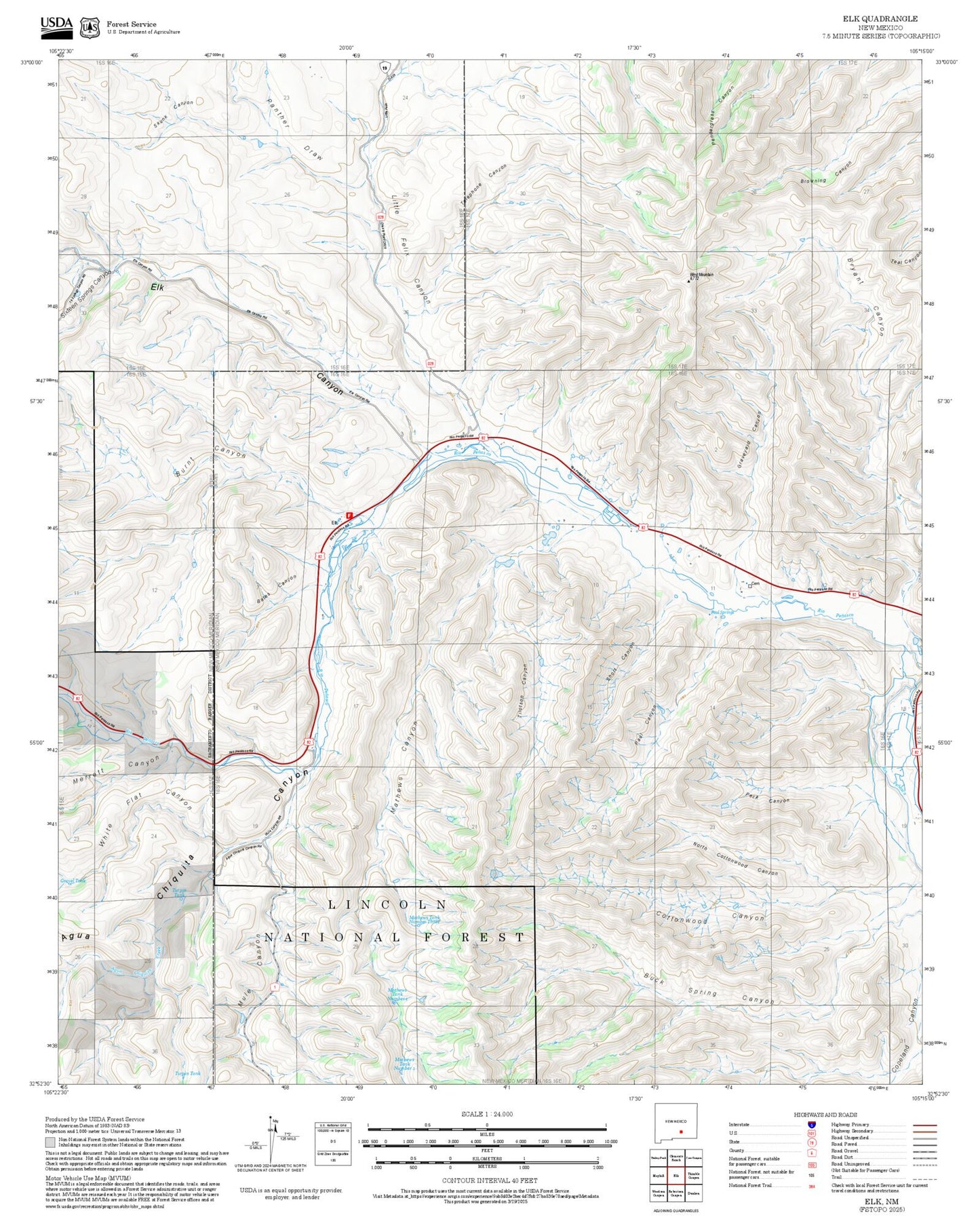 2025 Forest Service Topo Map of Elk New Mexico