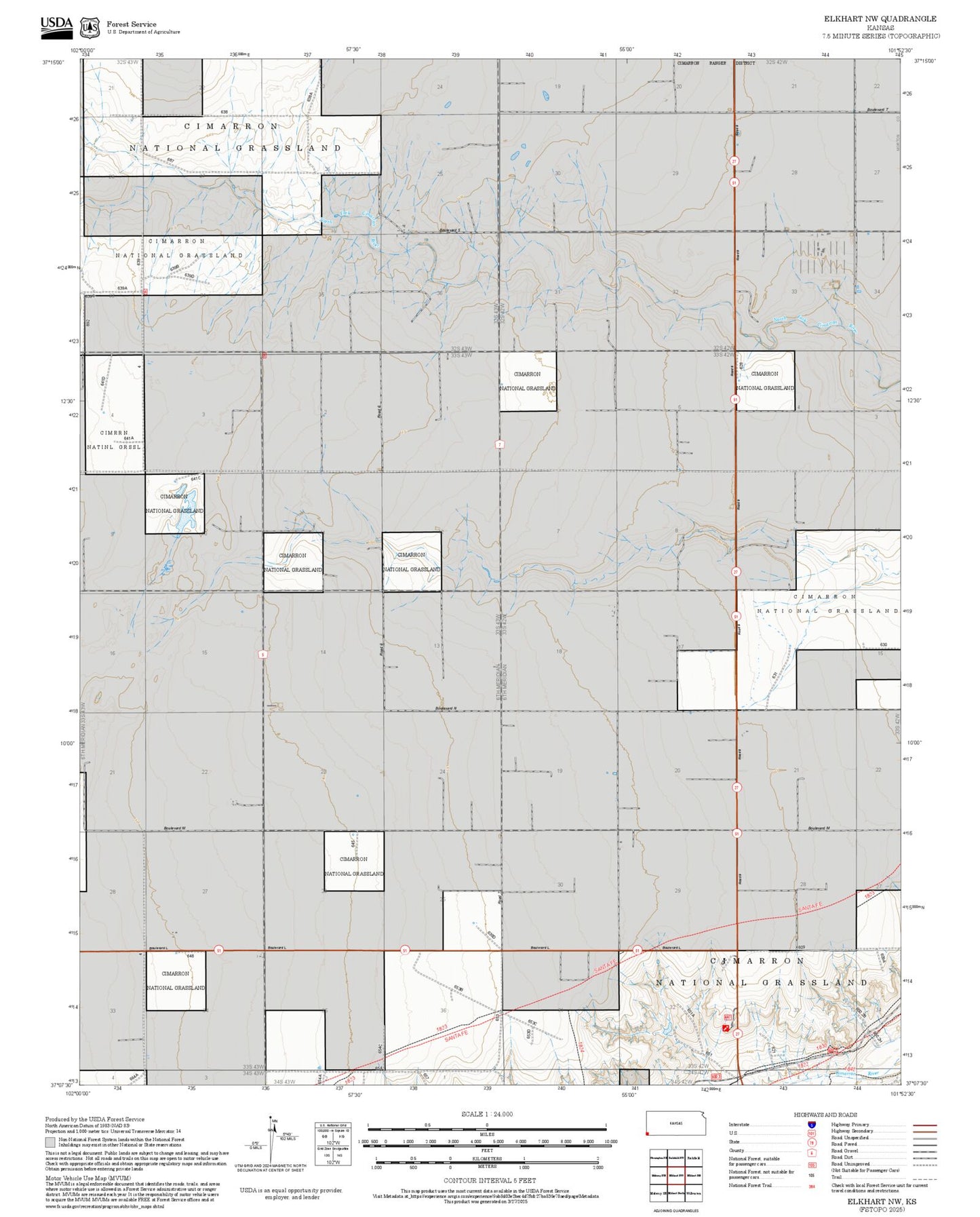 2025 Forest Service Topo Map of Elkhart NW Kansas