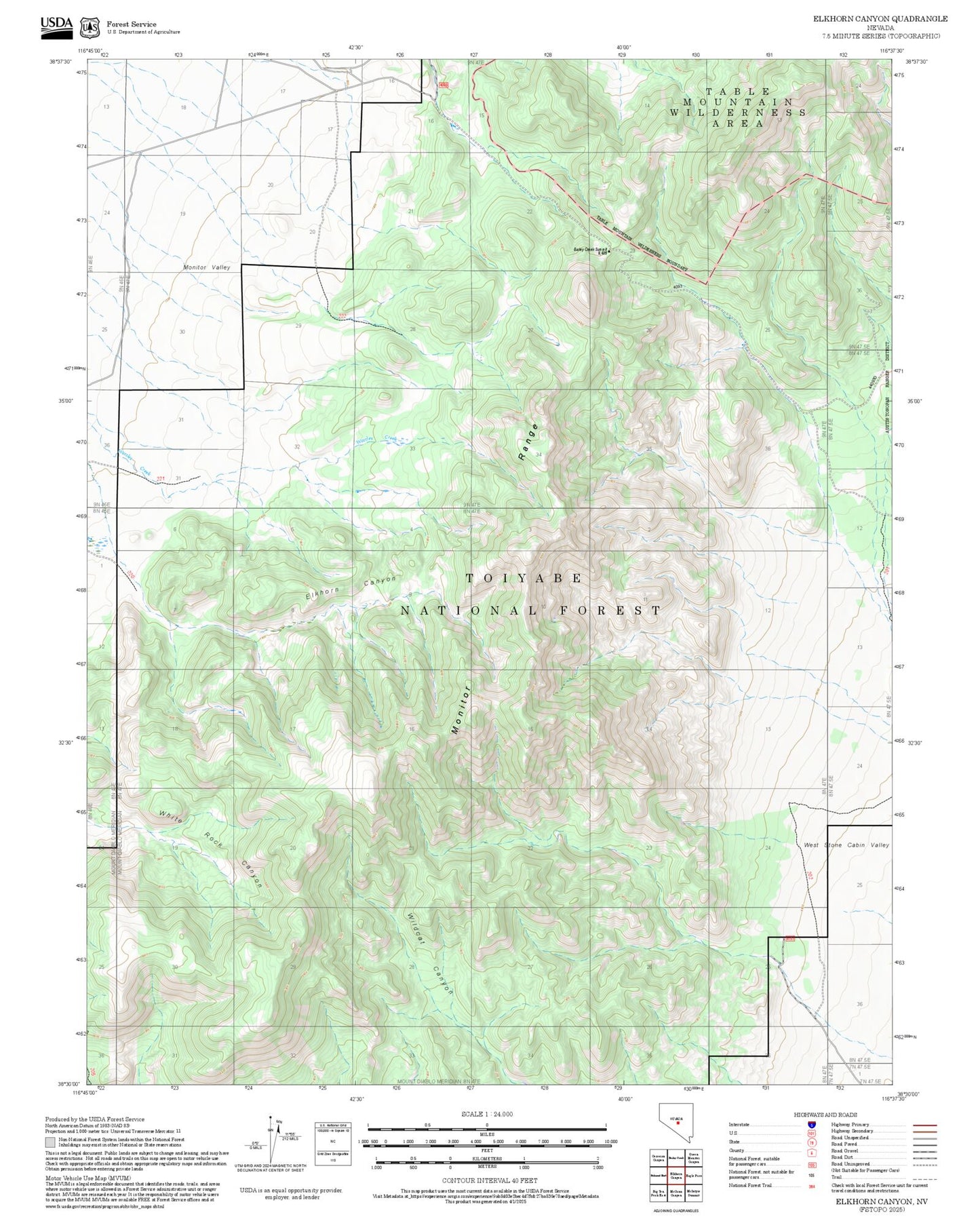 2025 Forest Service Topo Map of Elkhorn Canyon Nevada