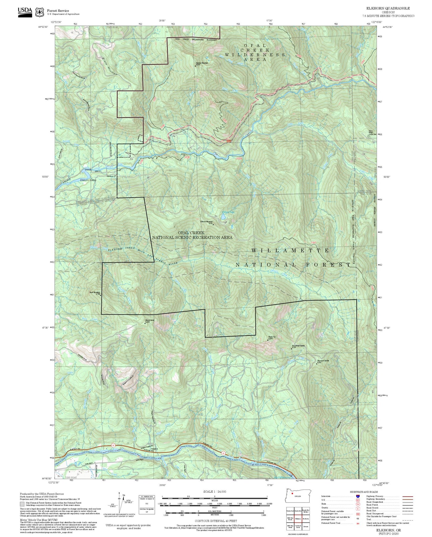 2025 Forest Service Topo Map of Elkhorn Oregon