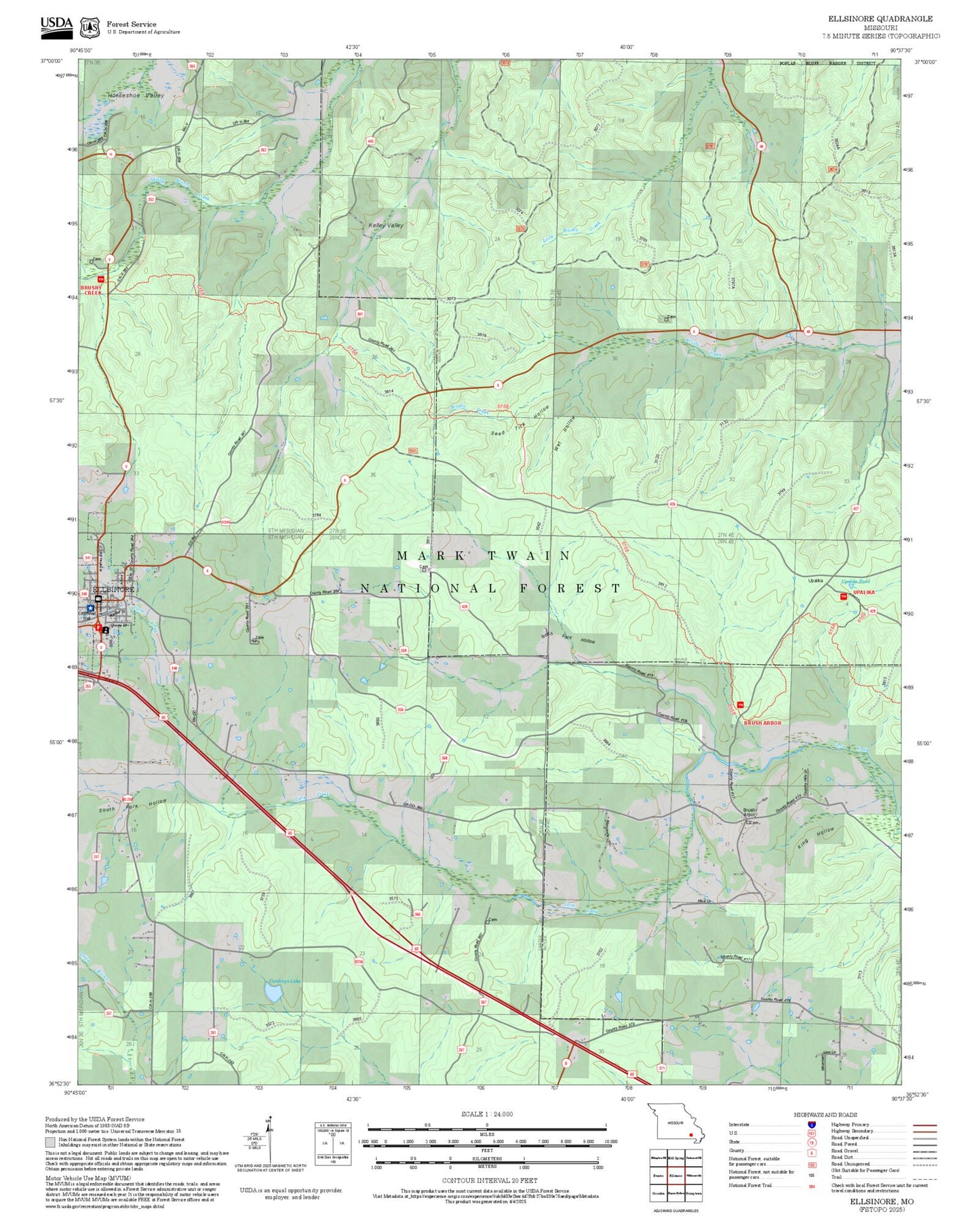 2025 Forest Service Topo Map of Ellsinore Missouri