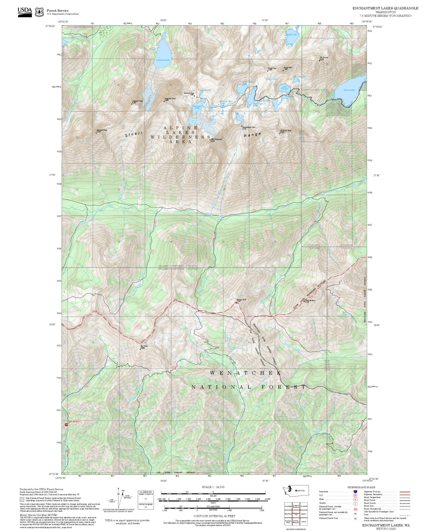 2025 Forest Service Topo Map of Enchantment Lakes Washington