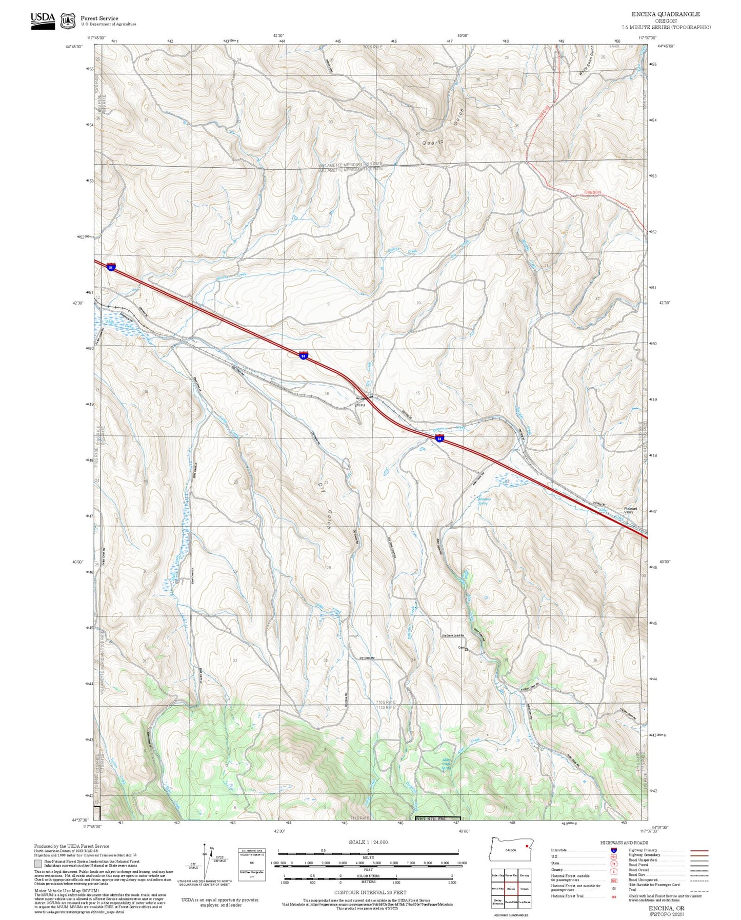 2025 Forest Service Topo Map of Encina Oregon