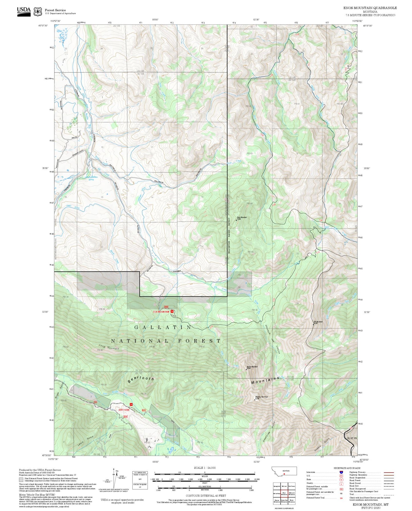 2025 Forest Service Topo Map of Enos Mountain Montana