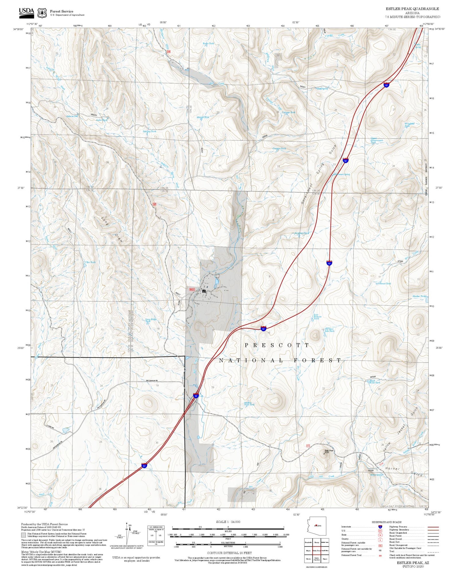 2025 Forest Service Topo Map of Estler Peak Arizona