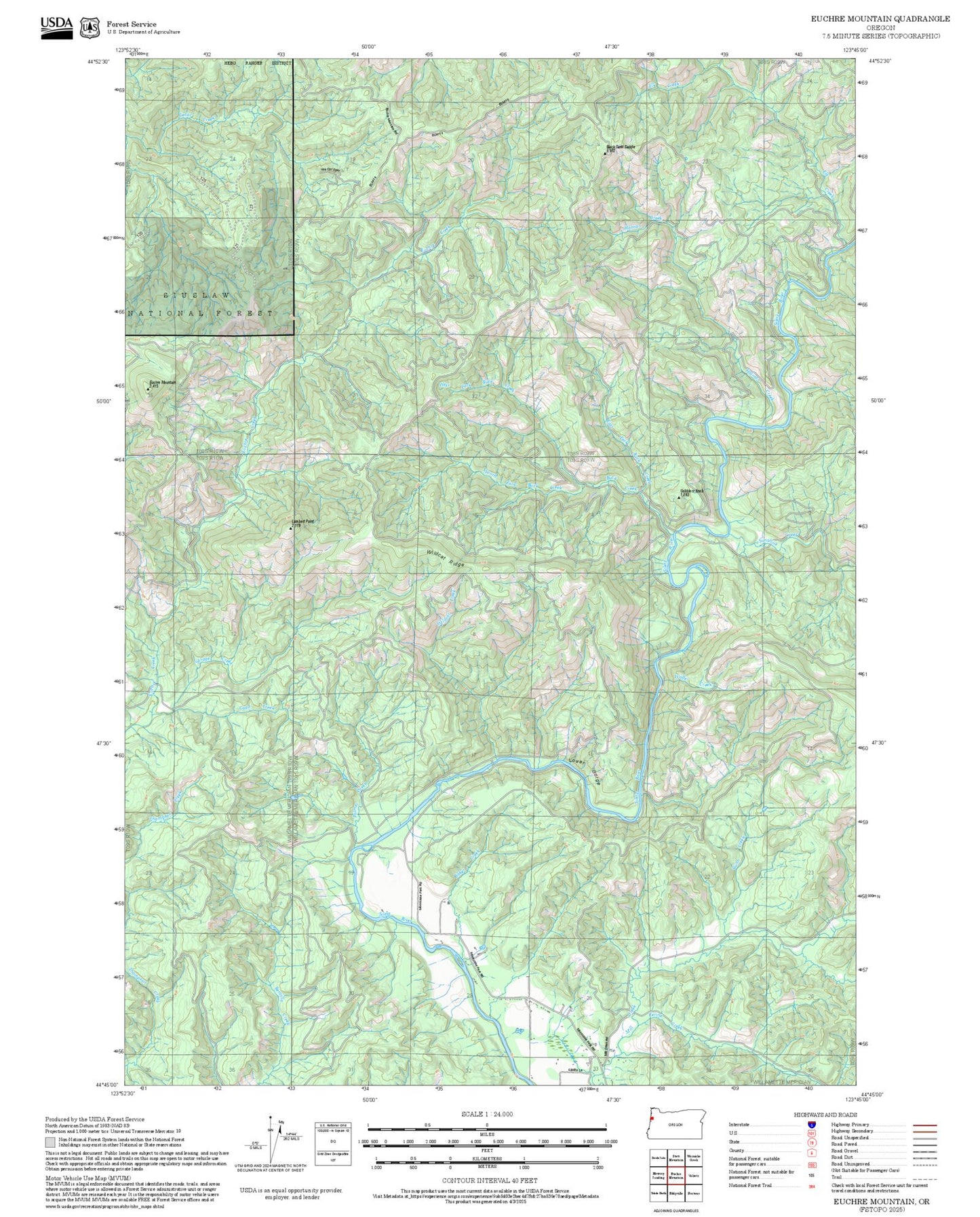 2025 Forest Service Topo Map of Euchre Mountain Oregon