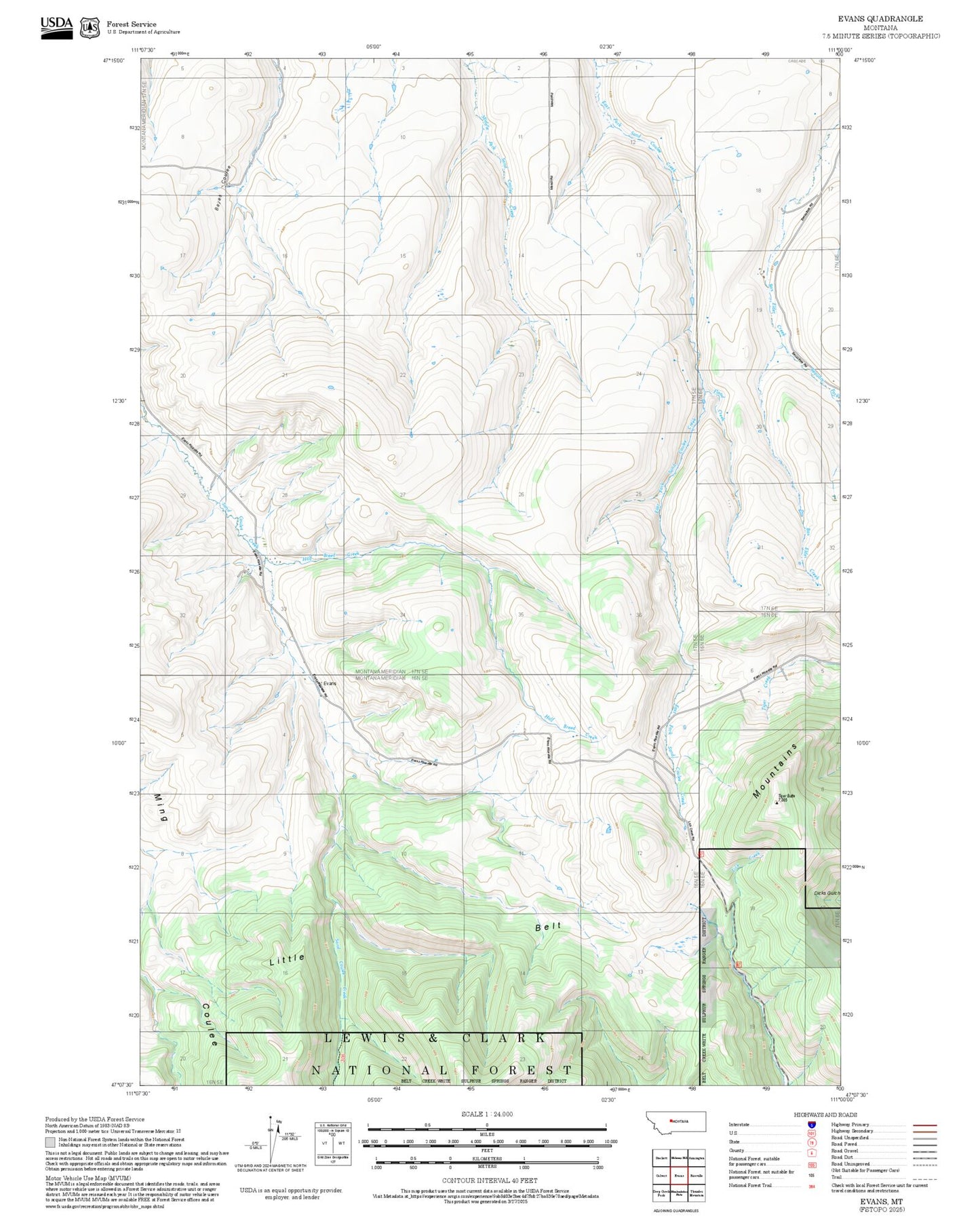2025 Forest Service Topo Map of Evans Montana