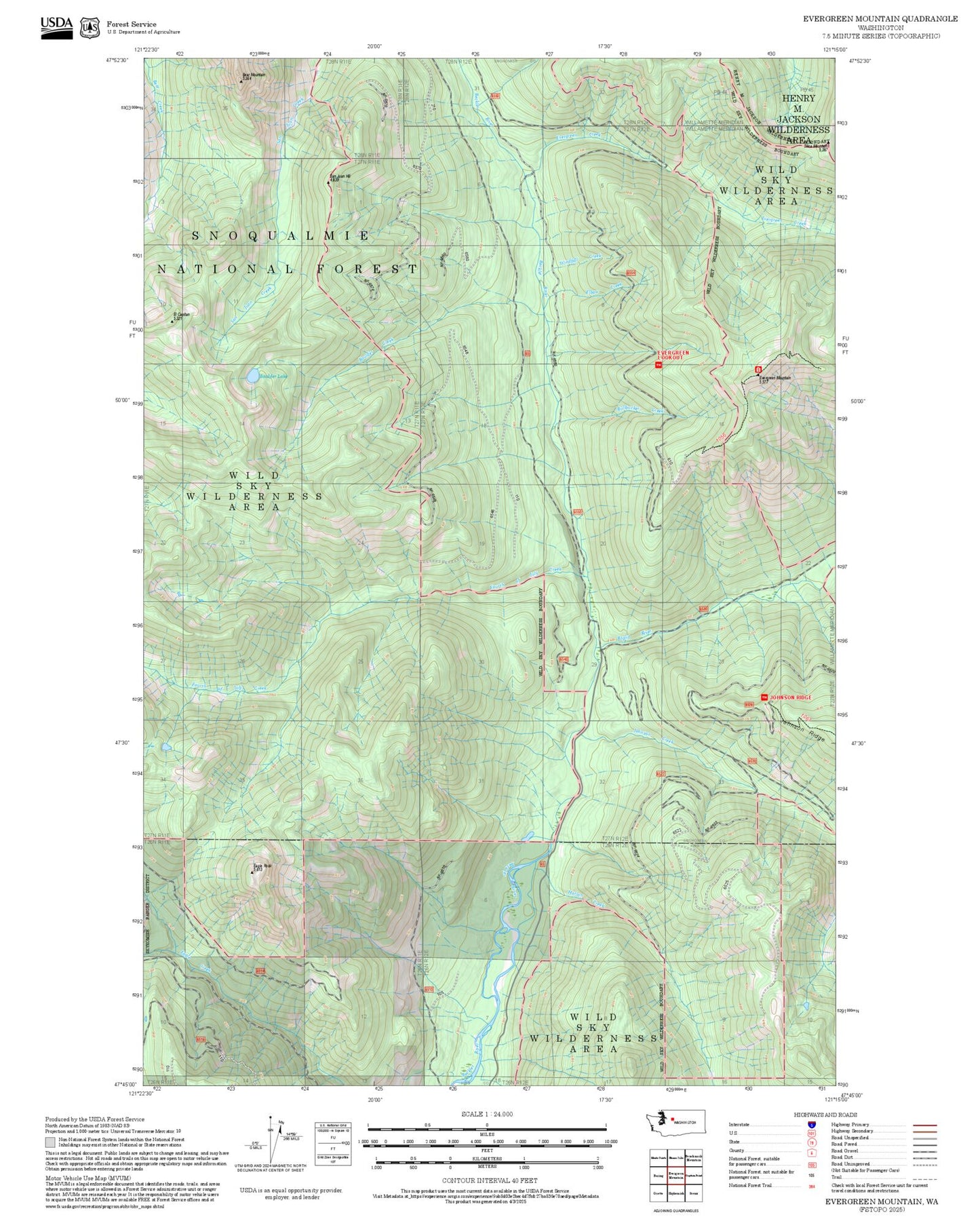 2025 Forest Service Topo Map of Evergreen Mountain Washington