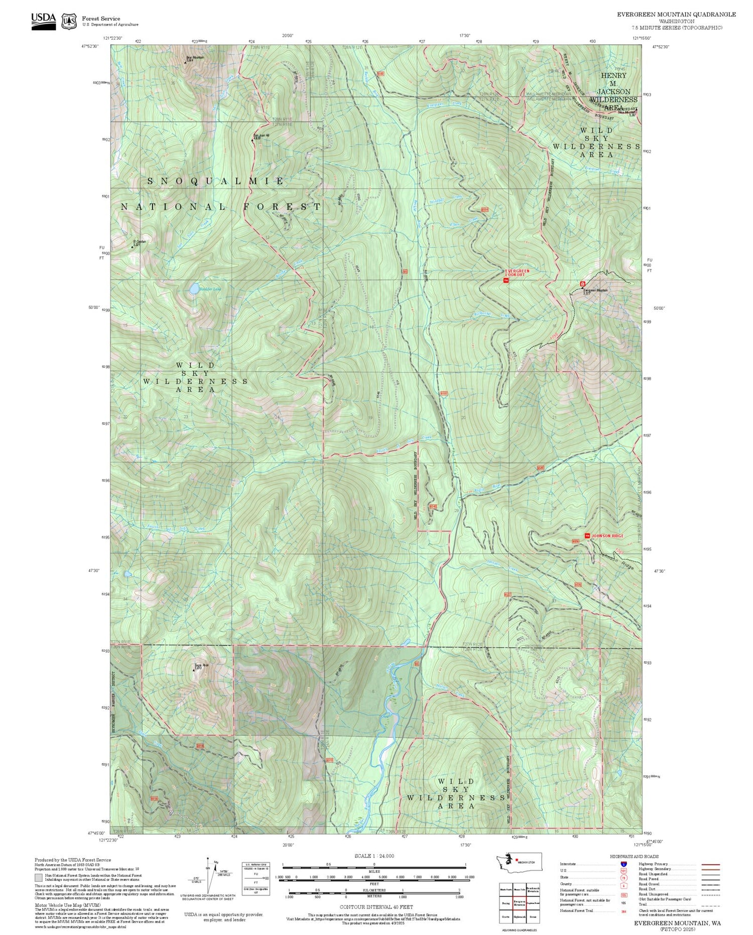 2025 Forest Service Topo Map of Evergreen Mountain Washington