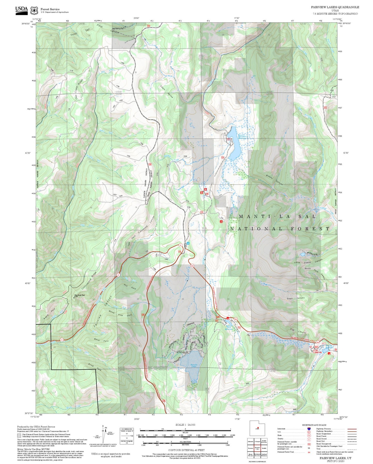 2025 Forest Service Topo Map of Fairview Lakes Utah