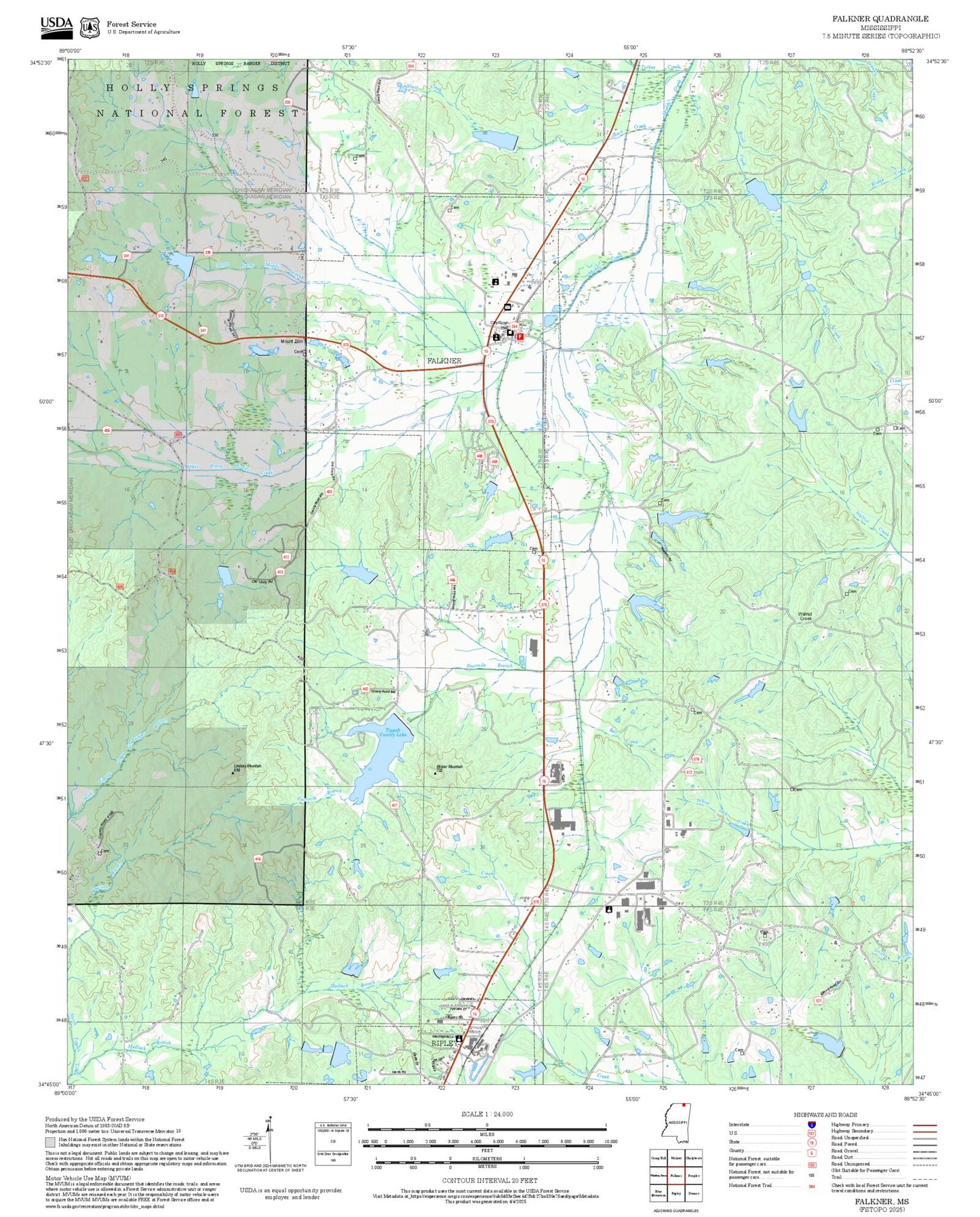 2025 Forest Service Topo Map of Falkner Mississippi