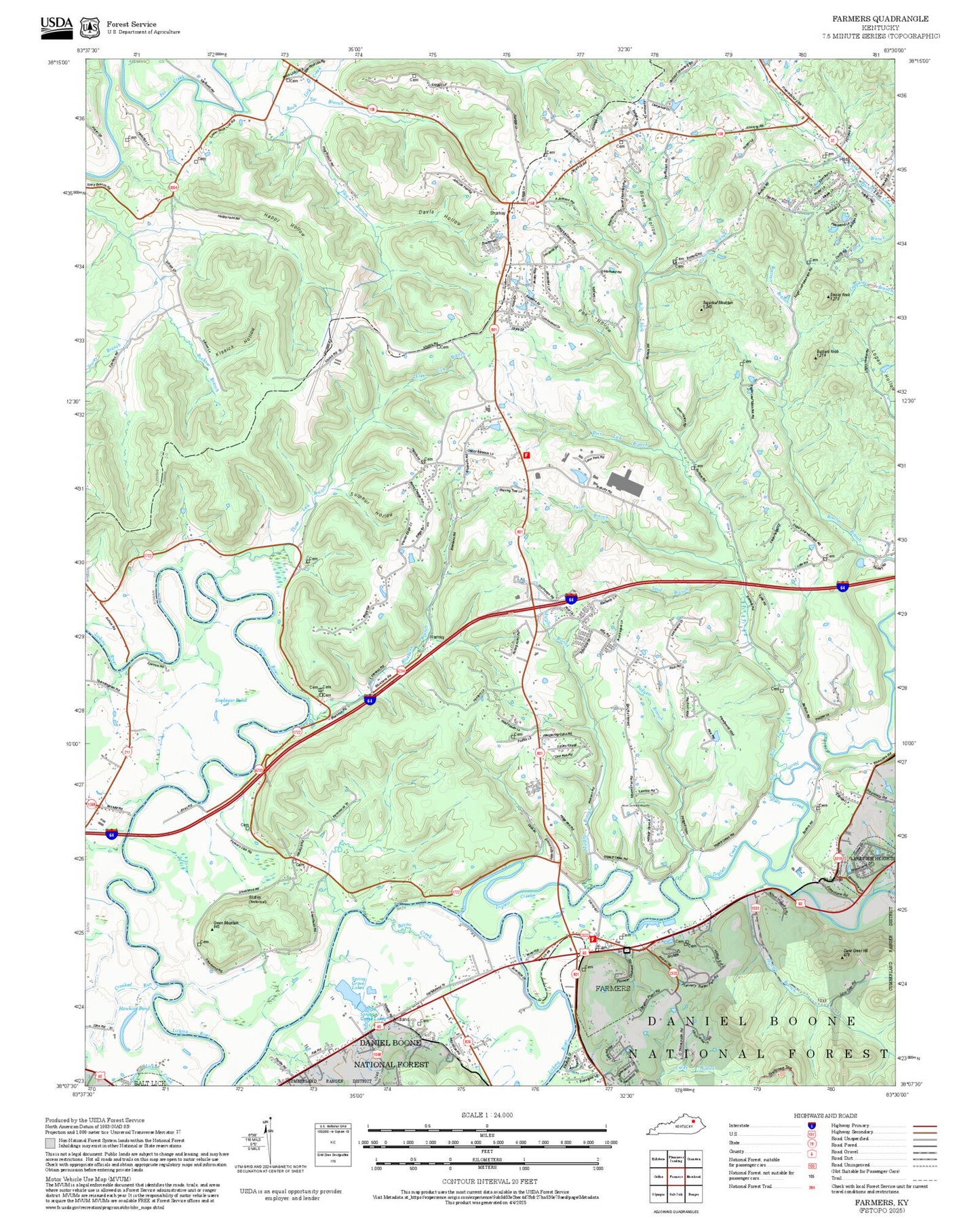2025 Forest Service Topo Map of Farmers Kentucky