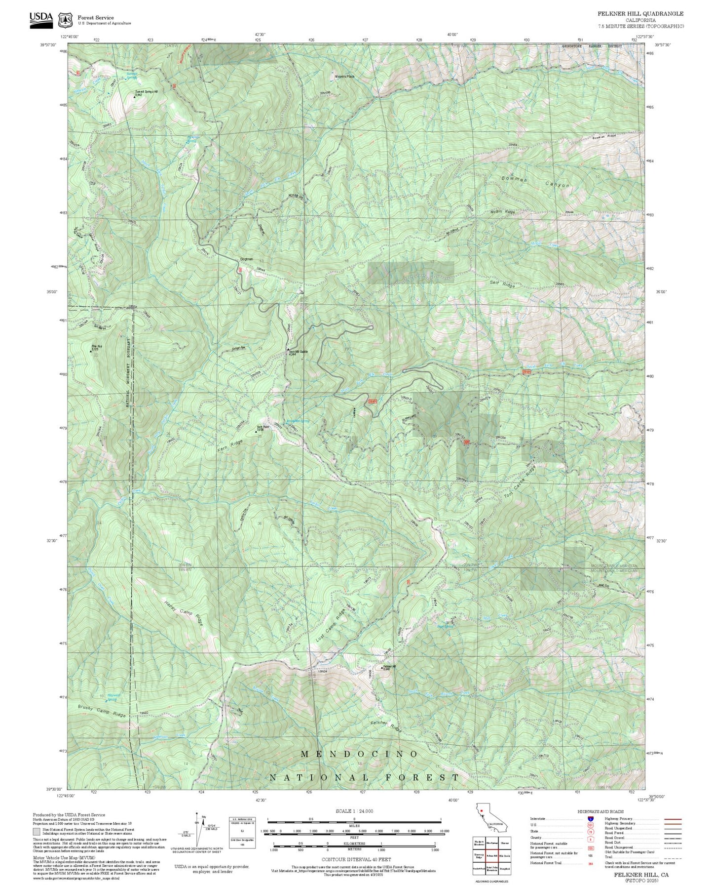 2025 Forest Service Topo Map of Felkner Hill California