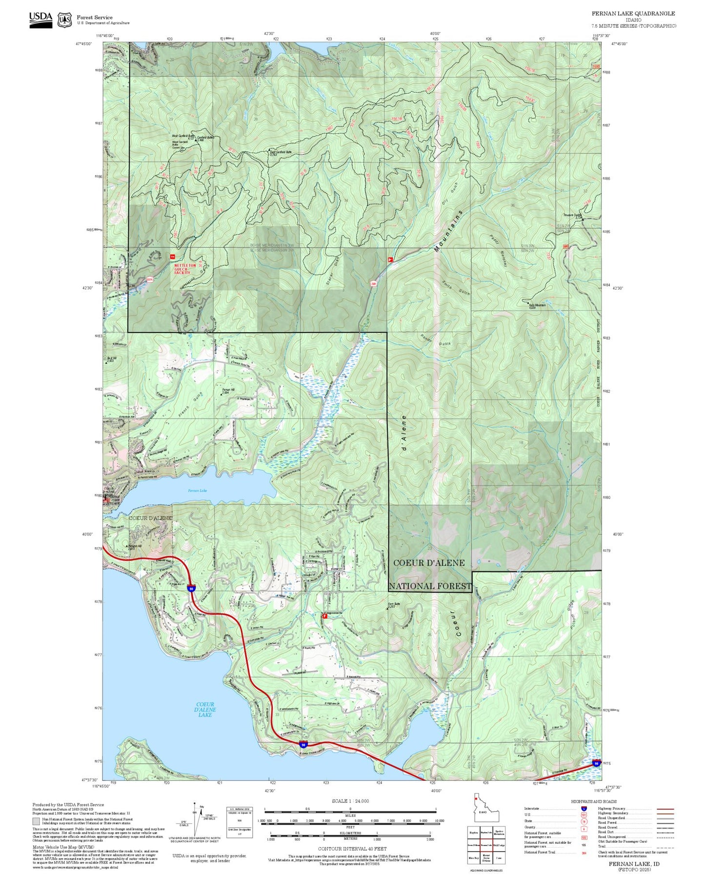 2025 Forest Service Topo Map of Fernan Lake Idaho