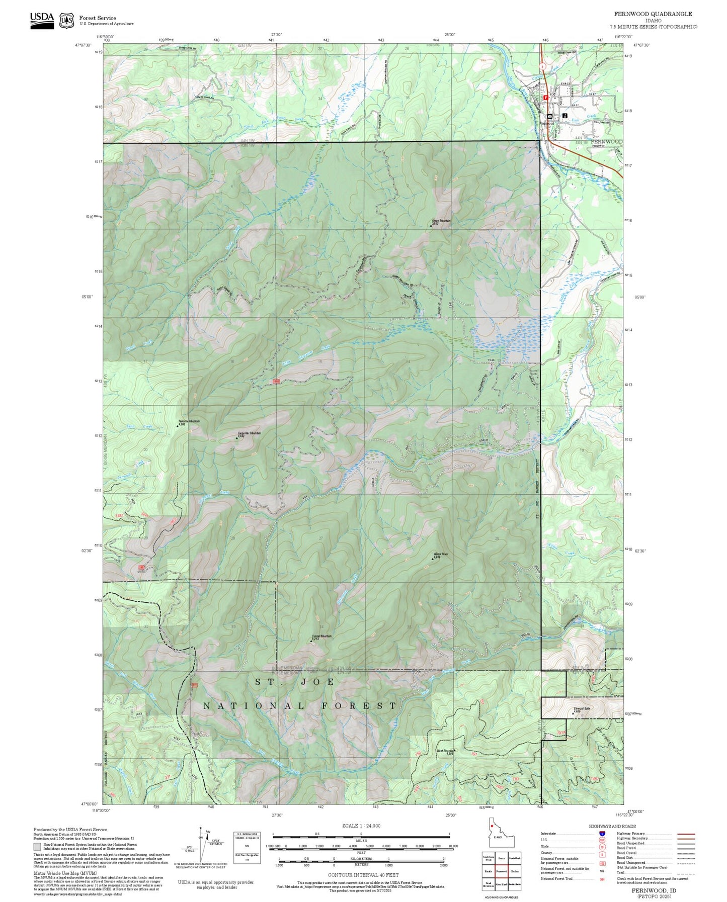 2025 Forest Service Topo Map of Fernwood Idaho