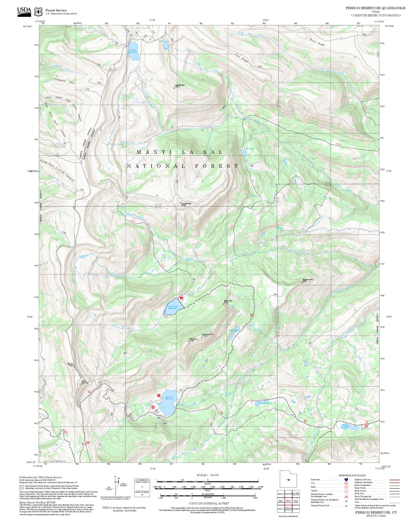 2025 Forest Service Topo Map of Ferron Reservoir Utah