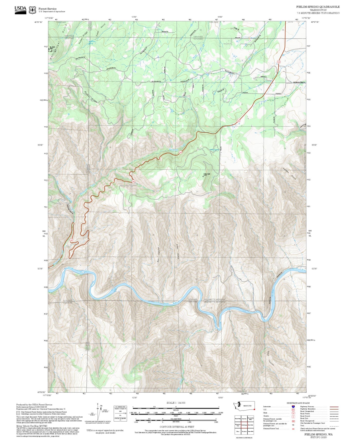 2025 Forest Service Topo Map of Fields Spring Washington