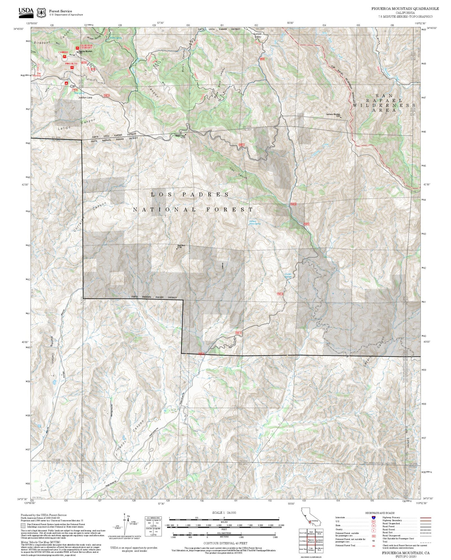 2025 Forest Service Topo Map of Figueroa Mountain California