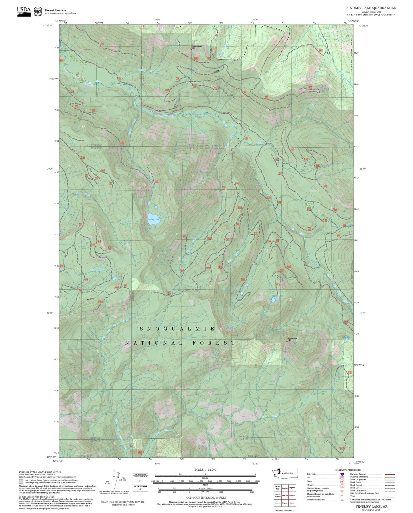 2025 Forest Service Topo Map of Findley Lake Washington