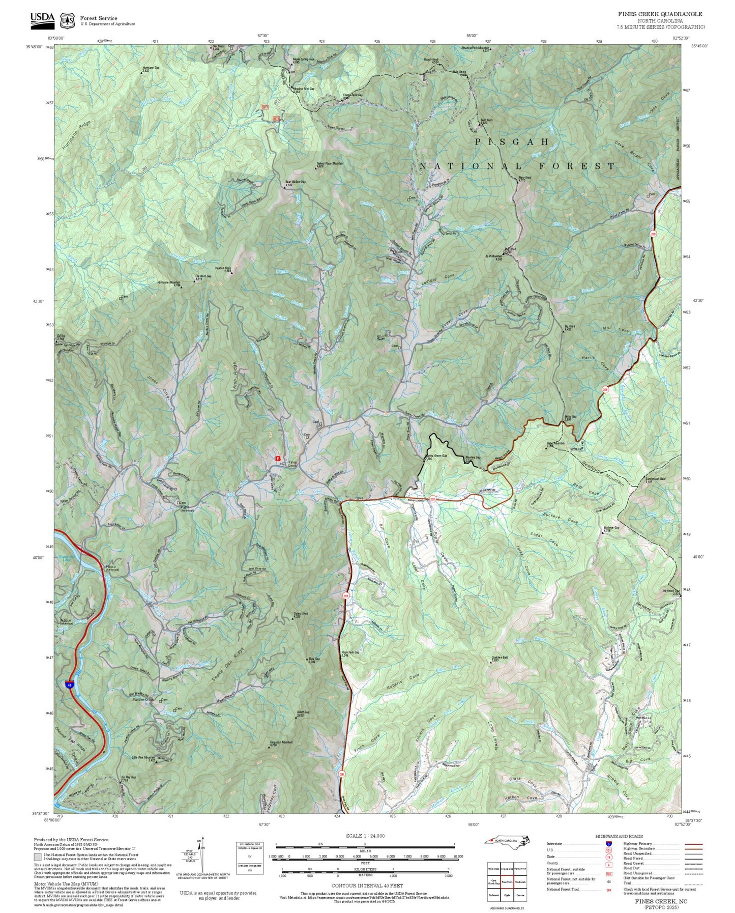 2025 Forest Service Topo Map of Fines Creek North Carolina