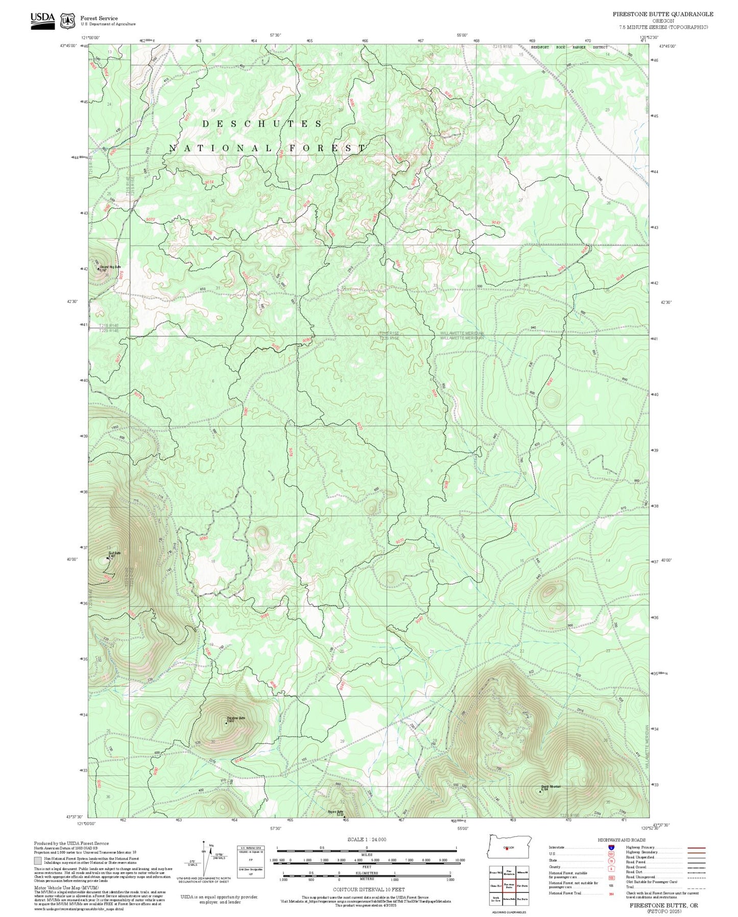 2025 Forest Service Topo Map of Firestone Butte Oregon