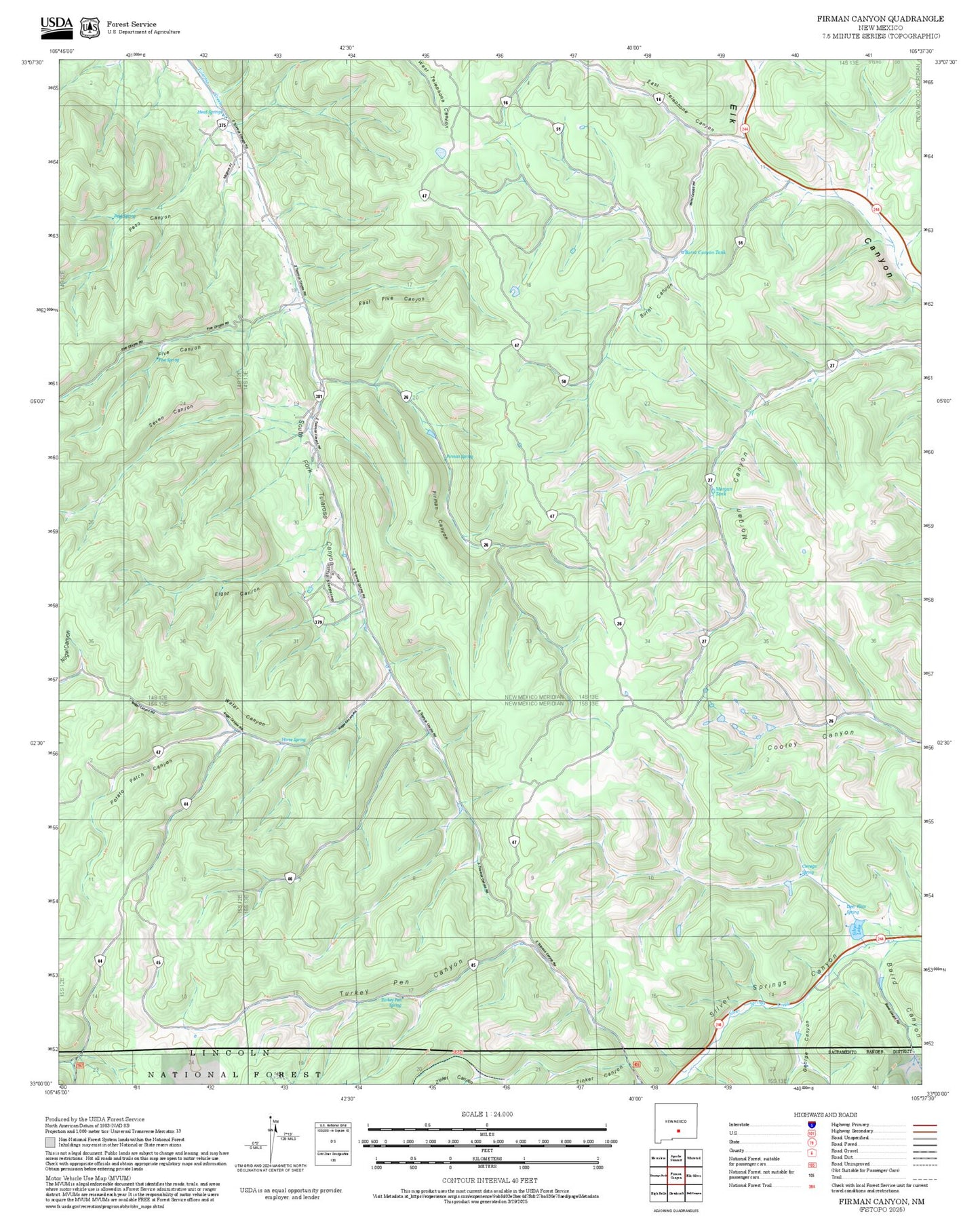 2025 Forest Service Topo Map of Firman Canyon New Mexico