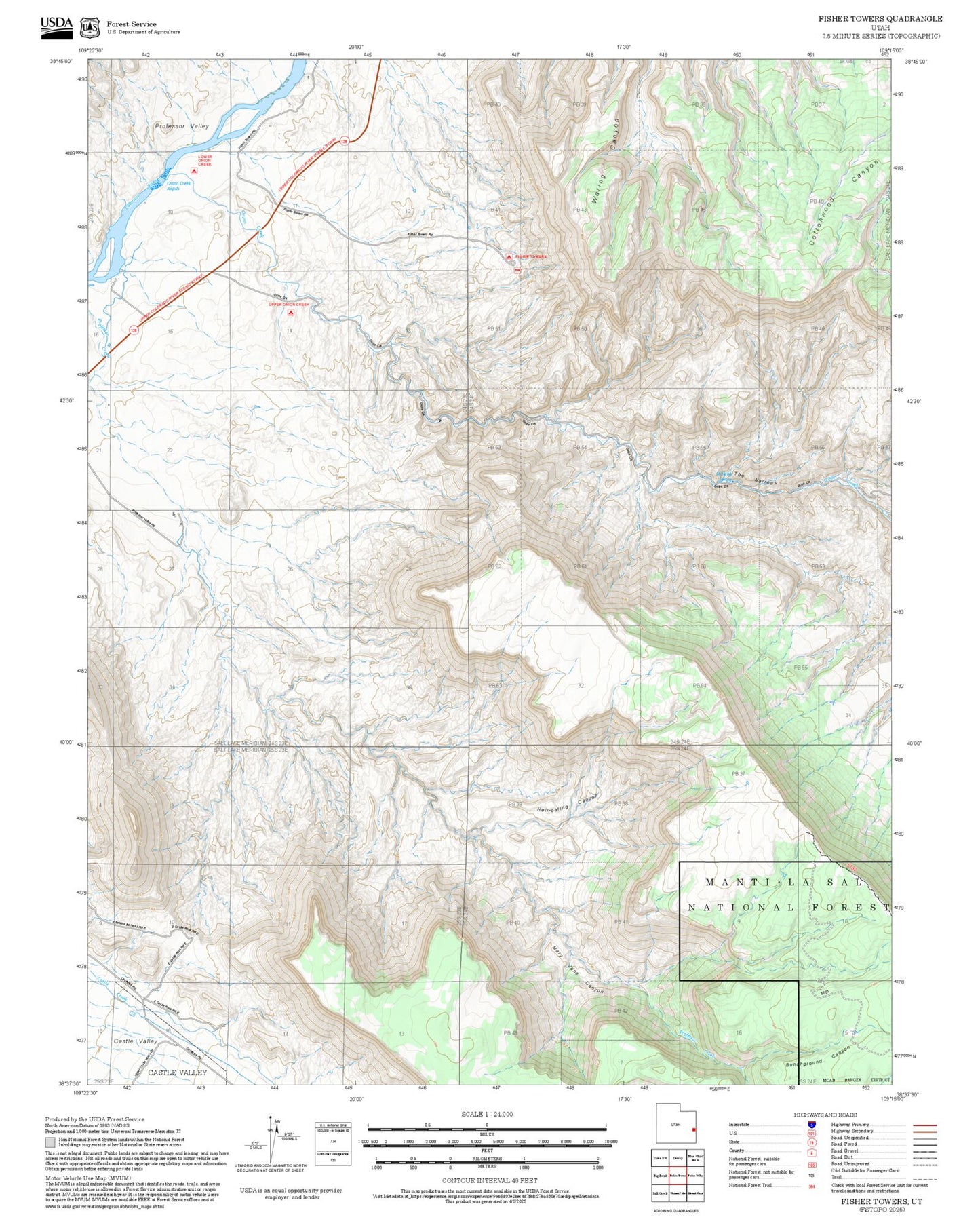 2025 Forest Service Topo Map of Fisher Towers Utah