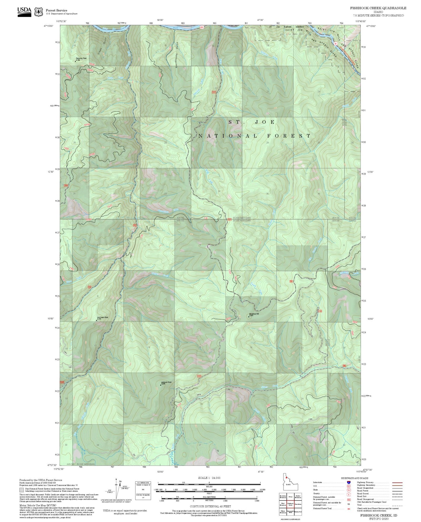 2025 Forest Service Topo Map of Fishhook Creek Idaho