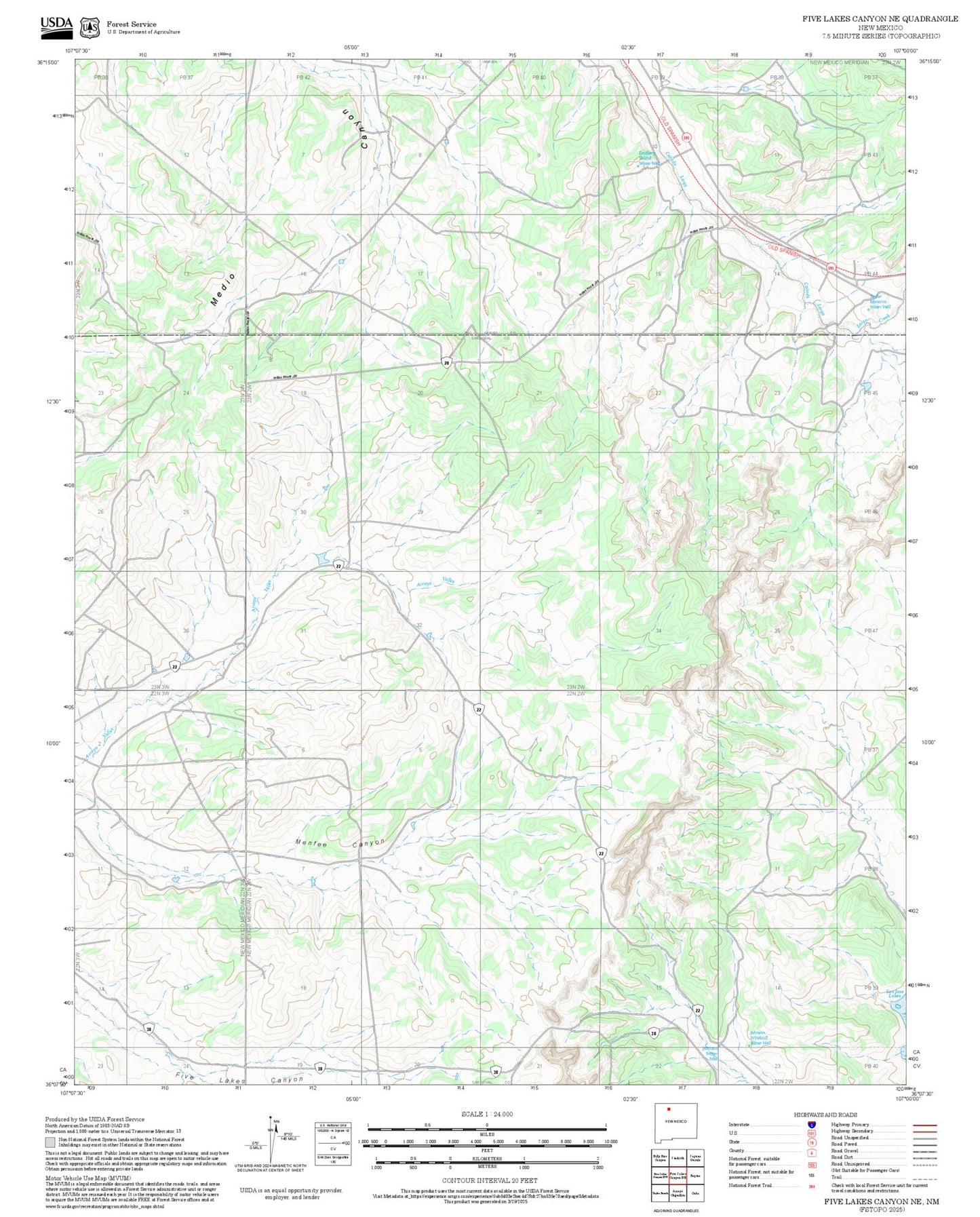 2025 Forest Service Topo Map of Five Lakes Canyon NE New Mexico