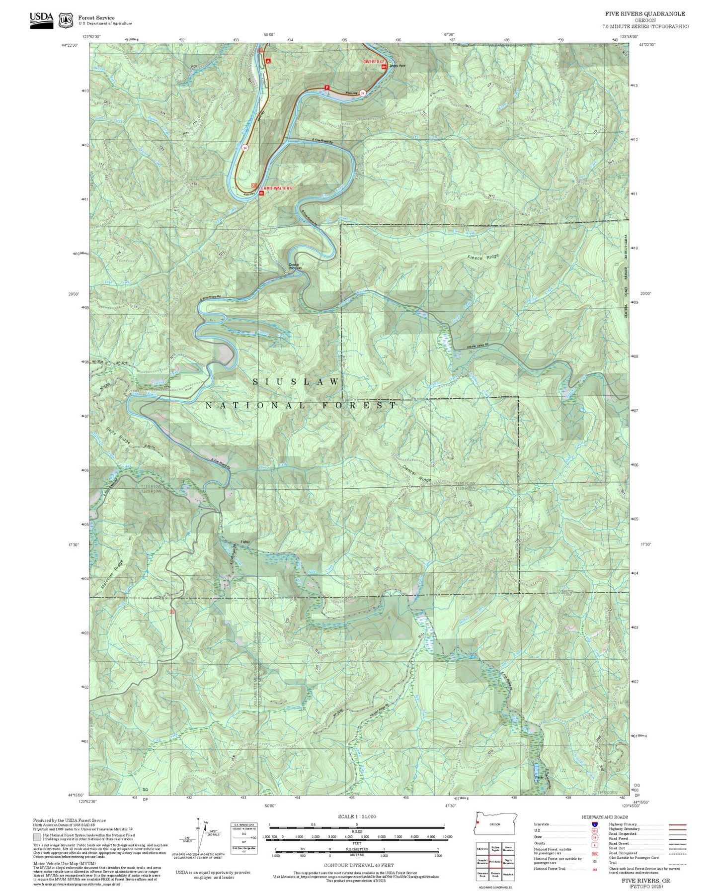 2025 Forest Service Topo Map of Five Rivers Oregon