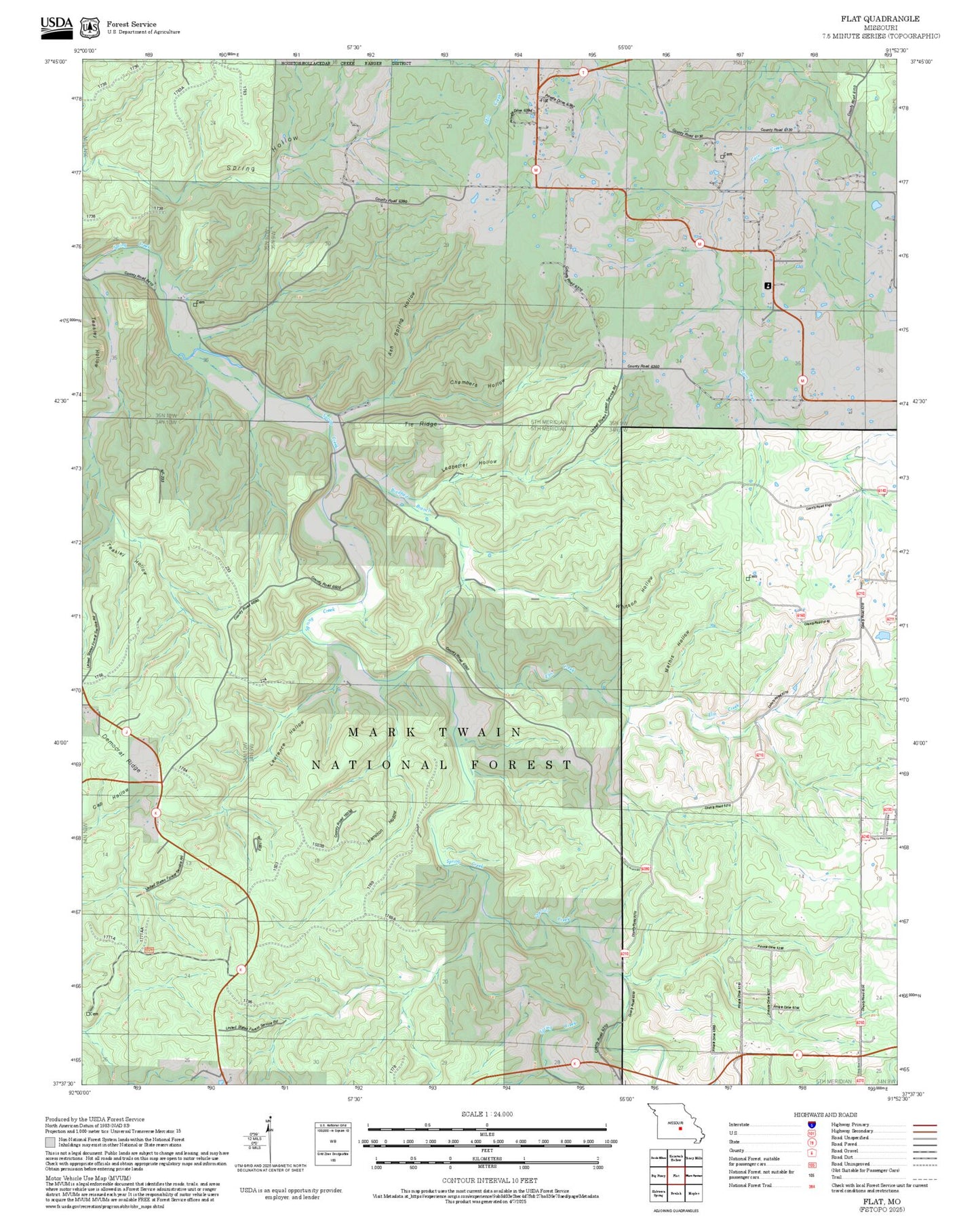 2025 Forest Service Topo Map of Flat Missouri