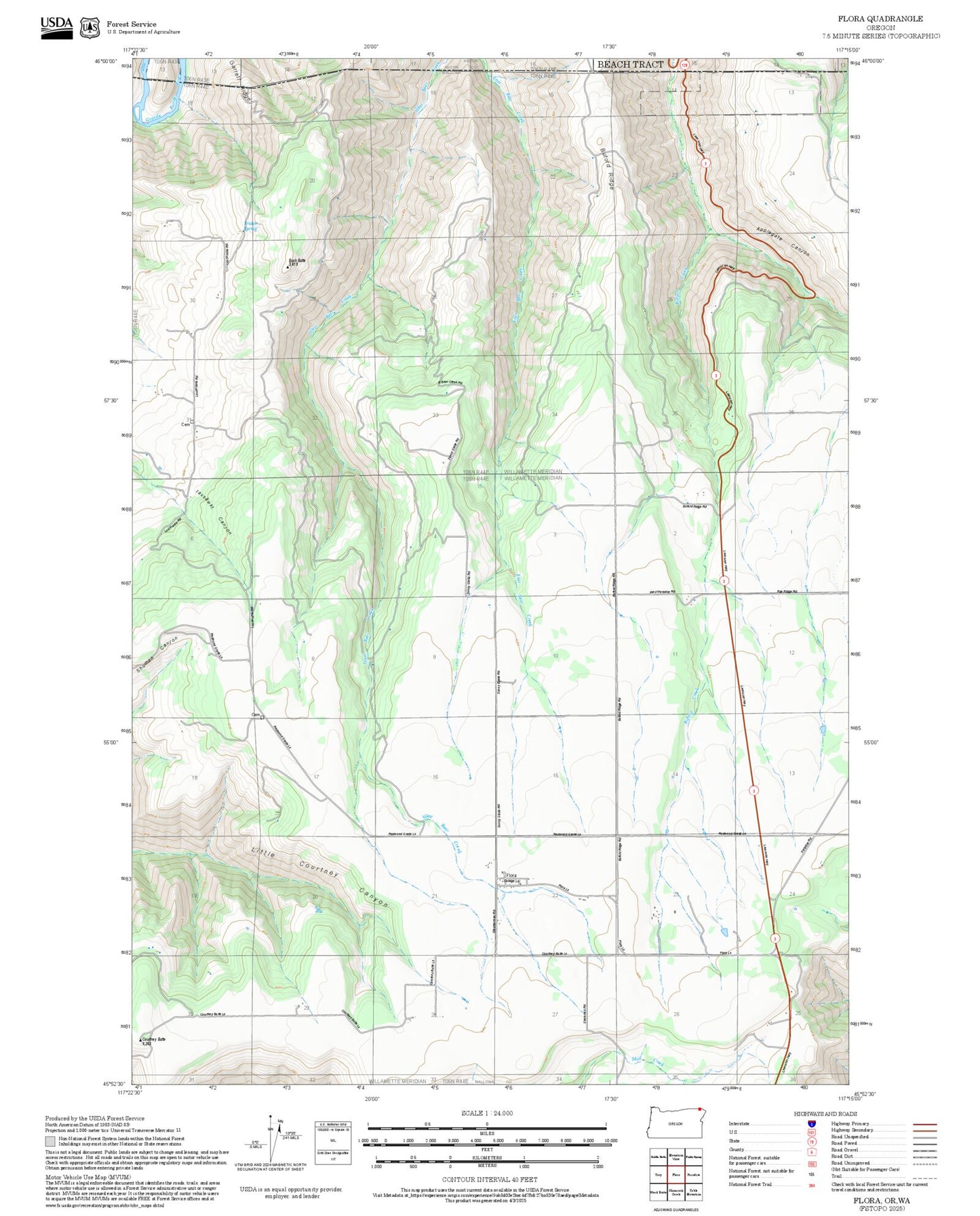 2025 Forest Service Topo Map of Flora Oregon