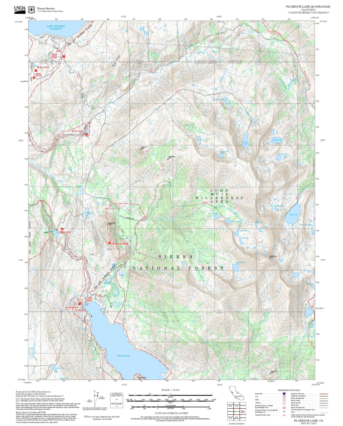 2025 Forest Service Topo Map of Florence Lake California