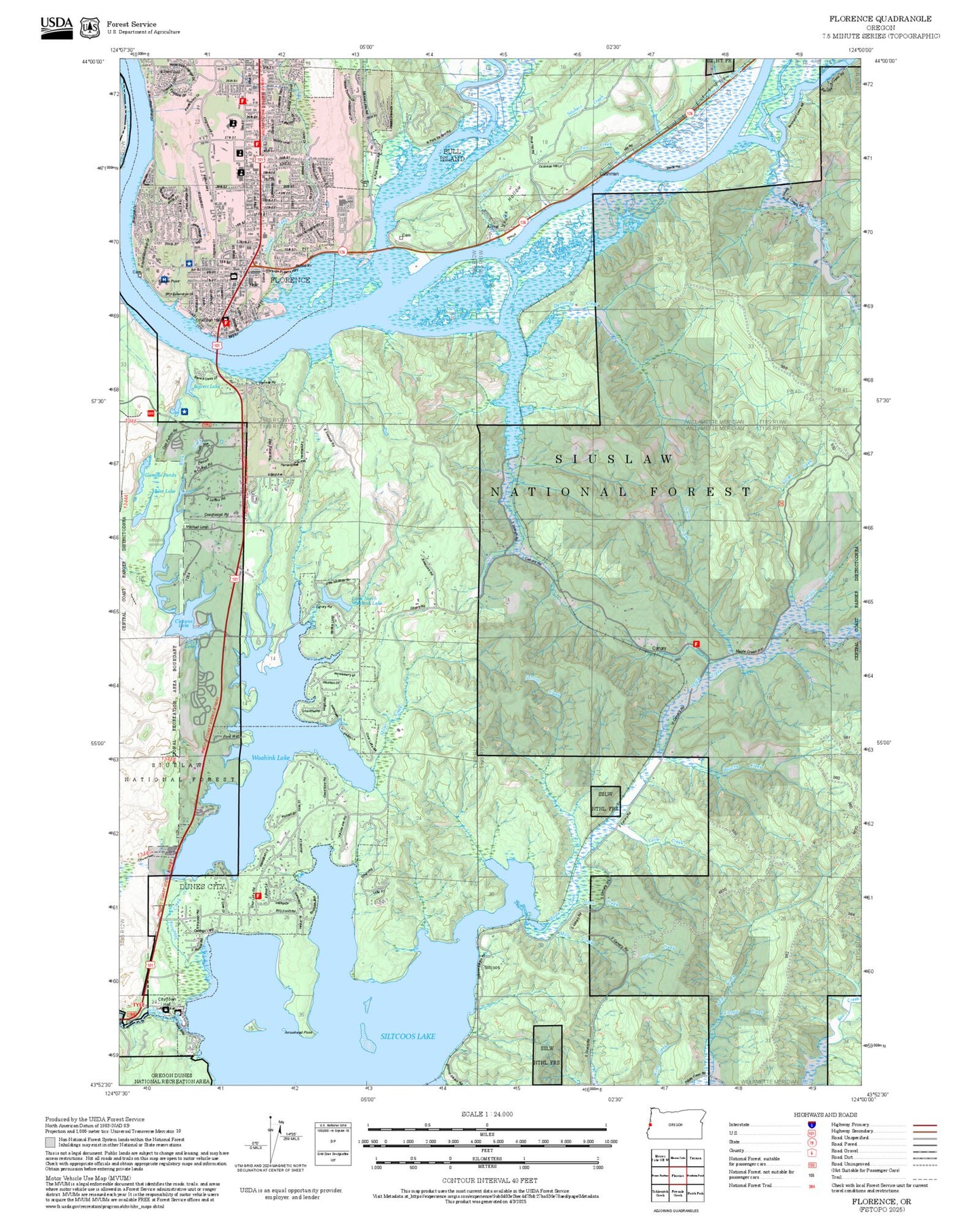 2025 Forest Service Topo Map of Florence Oregon