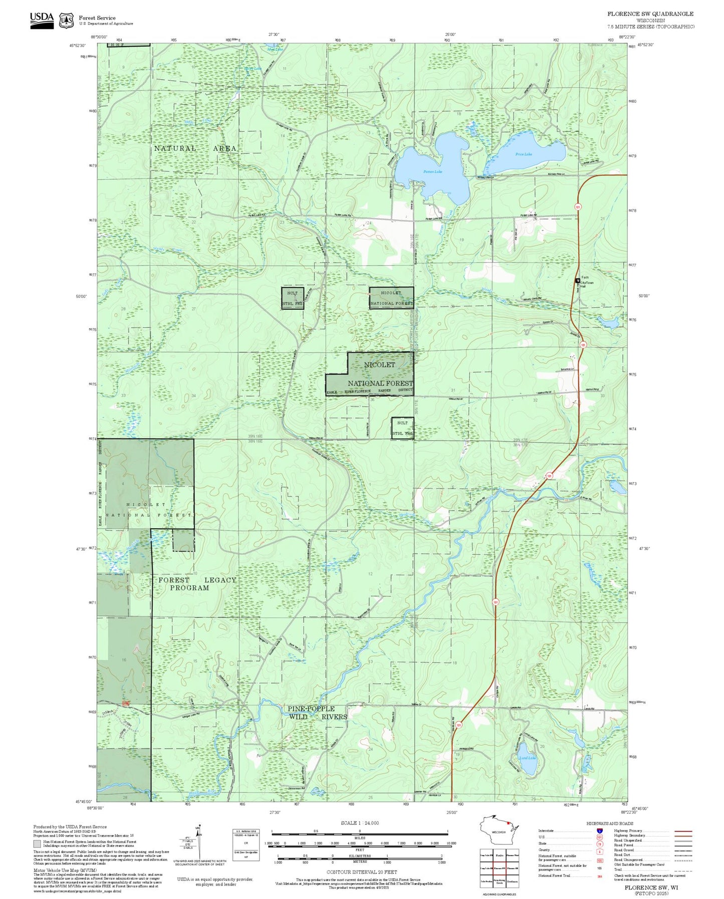 2025 Forest Service Topo Map of Florence SW Wisconsin