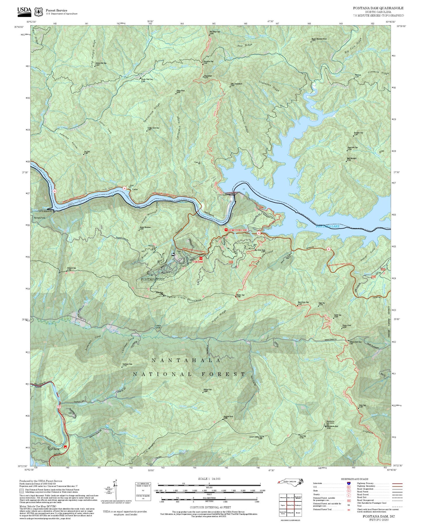 2025 Forest Service Topo Map of Fontana Dam North Carolina